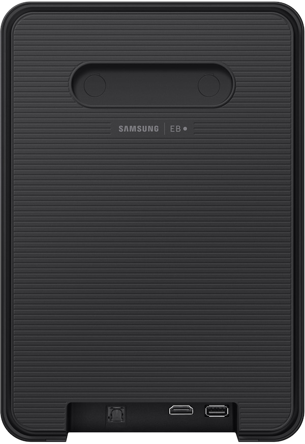 Fekete, bordázott hátoldalú eszköz, csatlakozókkal és Samsung logóval.