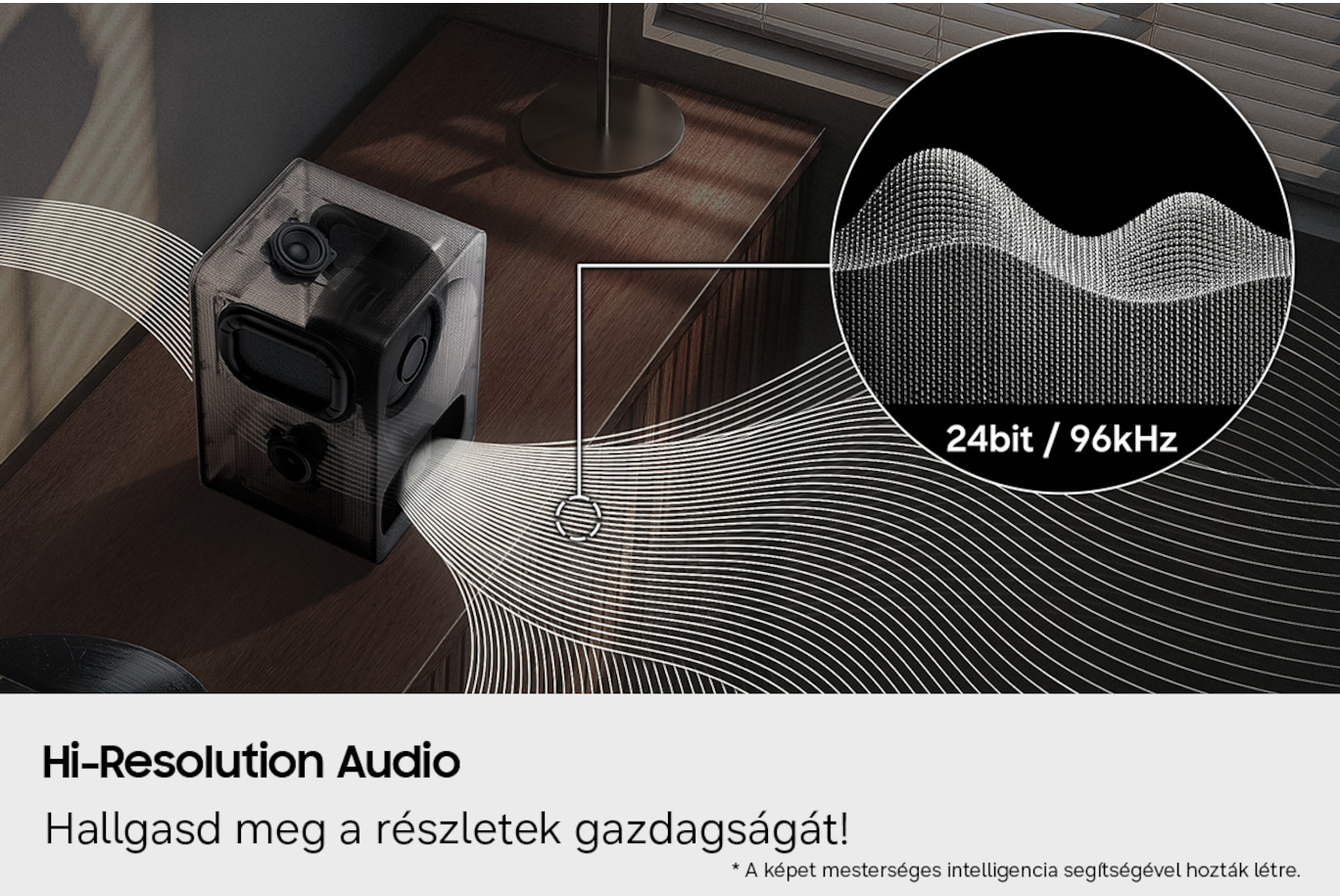 Átlátszó hangszóró hanghullámokkal, amelyek 24 bites/96 kHz-es grafikához vezetnek.