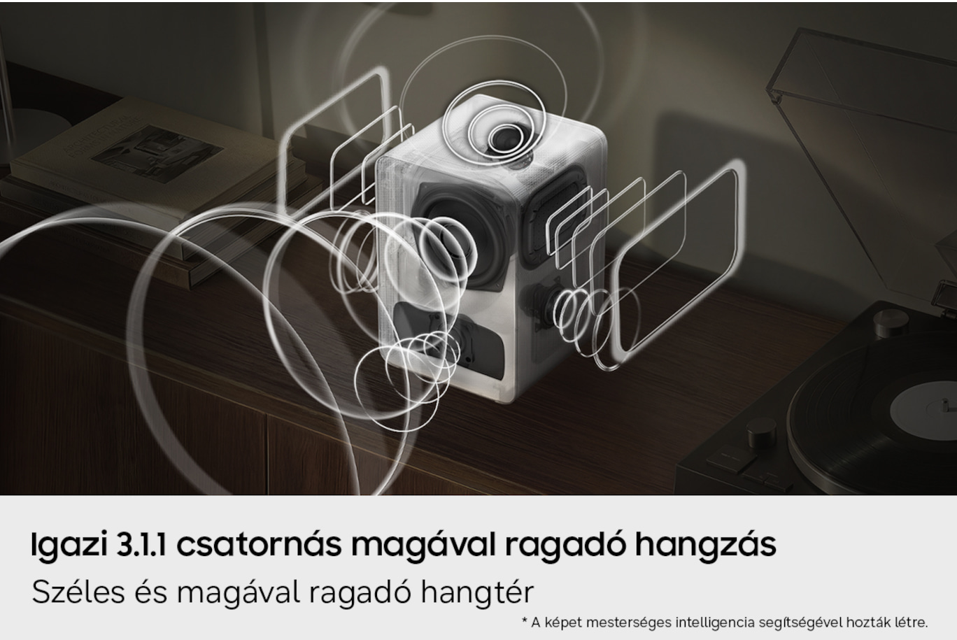 Átlátszó kocka hangszóró hang hullámokkal, lemezjátszó mellett.
