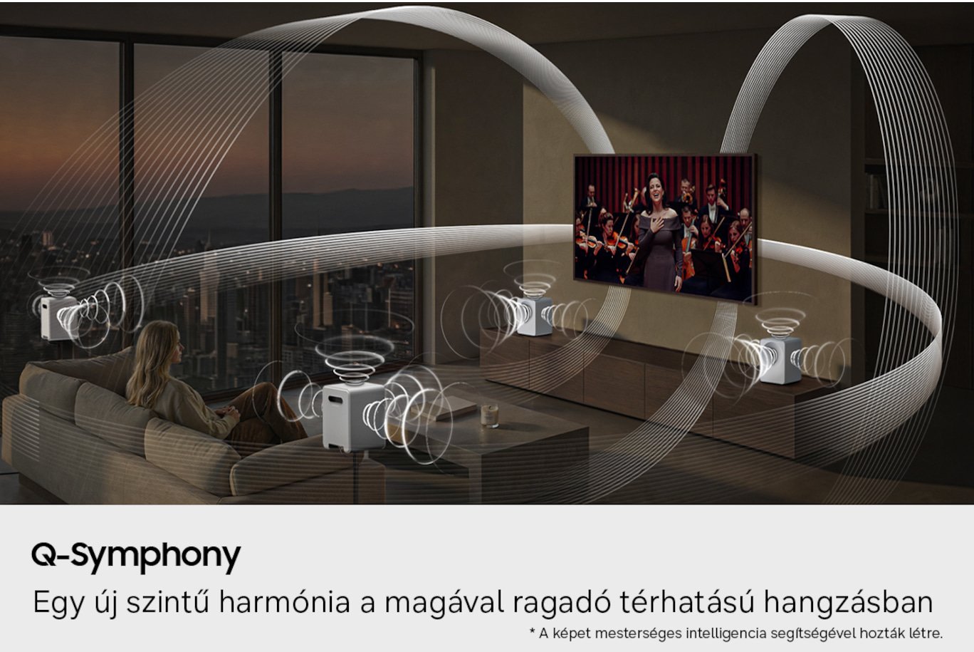 Nő hangszórókból hallgat zenét, a TV-n zenekar látható.