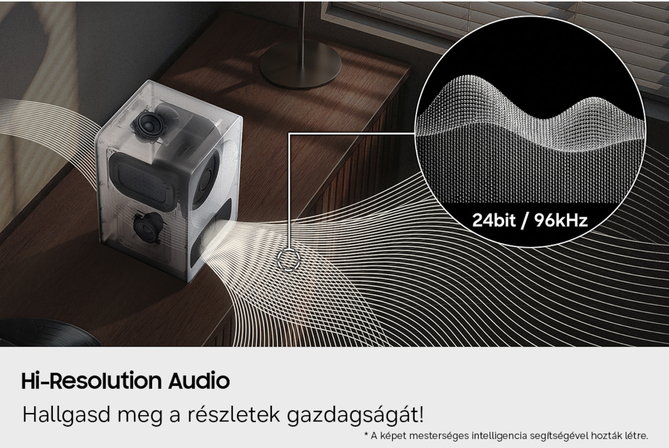 Átlátszó hangszóró fa felületen hullámforma grafikával (24bit/96kHz).