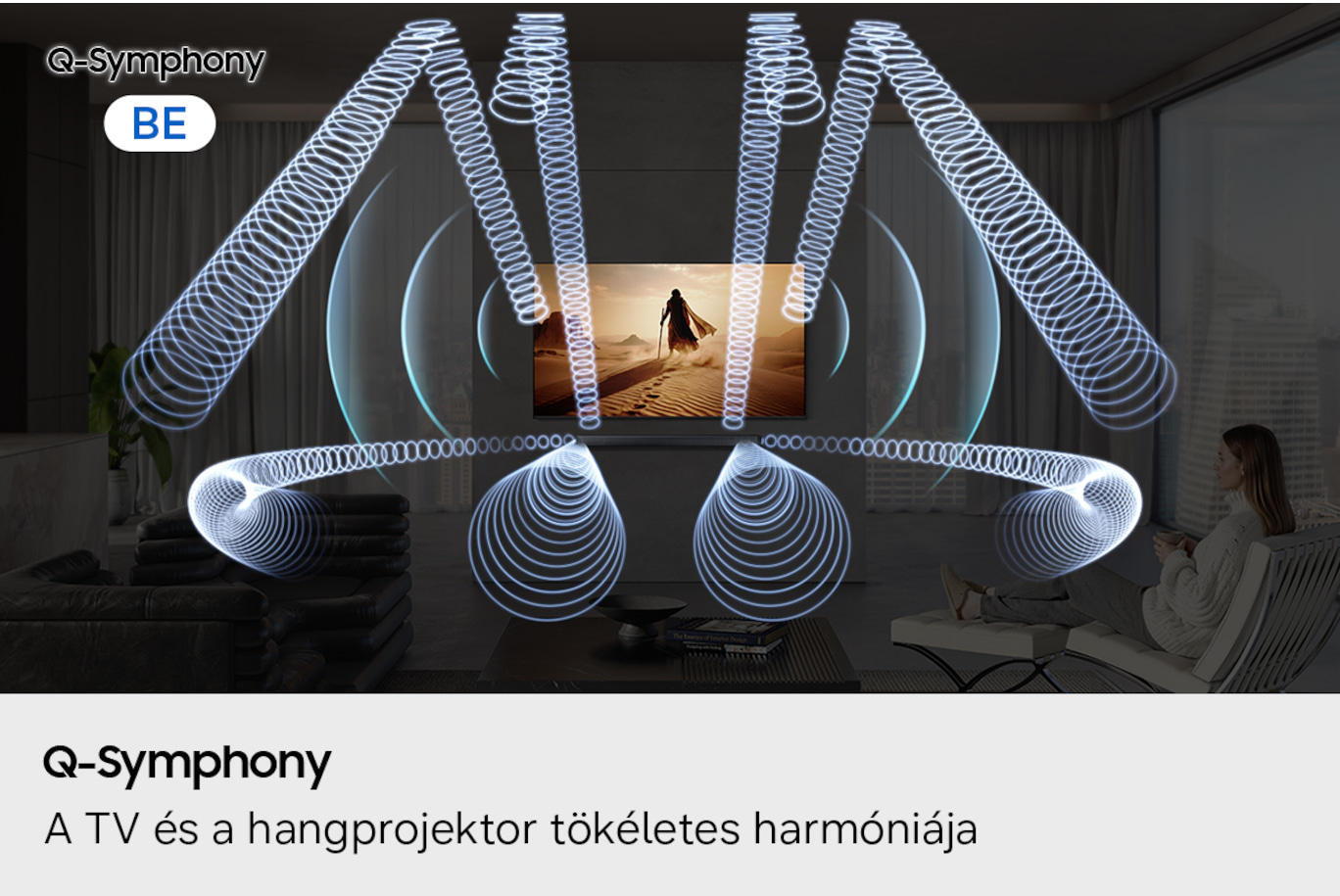 Nappali TV-vel, hangprojektorral és animált hanghullámokkal.