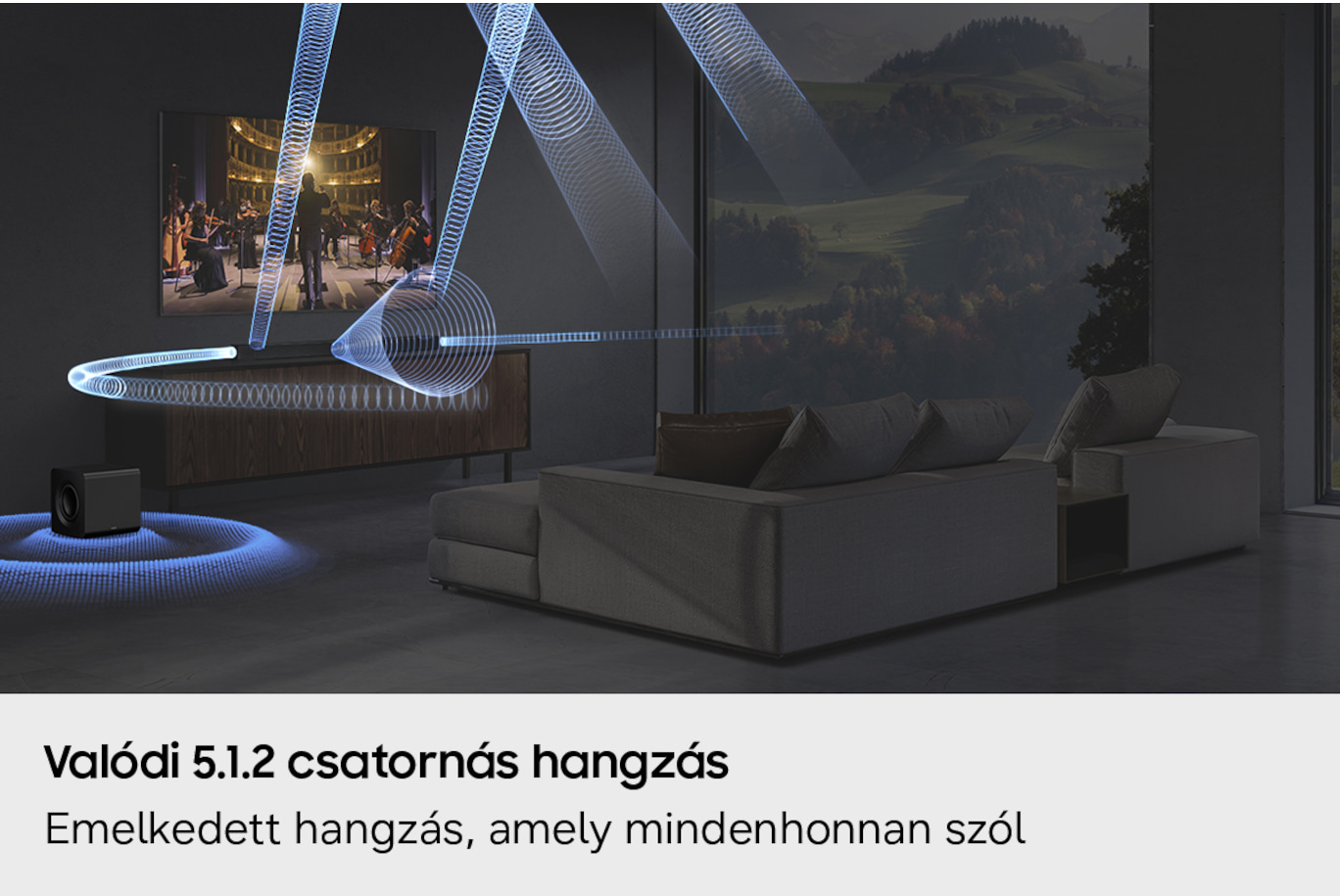 Egy kanapé és TV, hangszóróból kiáramló hanghullámokkal.
