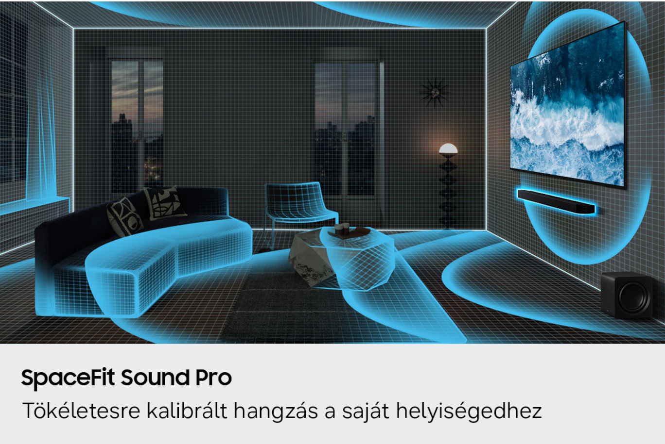 Egy nappali TV-vel, hangprojektorral, mélynyomóval és bútorokkal. Kék rácsok jelzik a hangterületet.