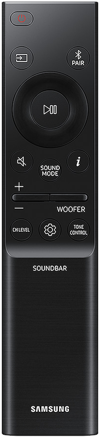 Fekete Samsung soundbar távirányító be/ki, lejátszás/szünet és hangerőszabályzókkal.