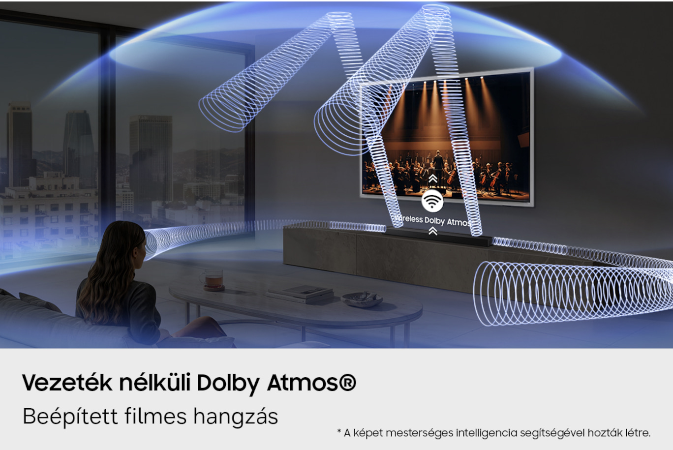 Nő zenekart hallgat a TV-n, hanghullámok jelzik a Dolby Atmos-t.
