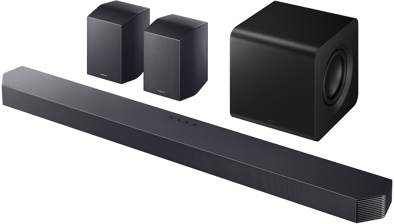 Fekete soundbar két hangszóróval és egy mélynyomóval.