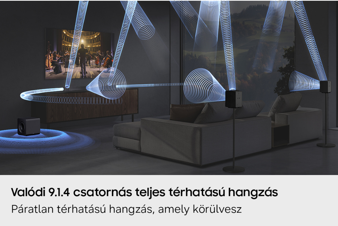 Nappali TV-vel, kanapéval, mélynyomóval és hanghullámokat kibocsátó hangszórókkal.