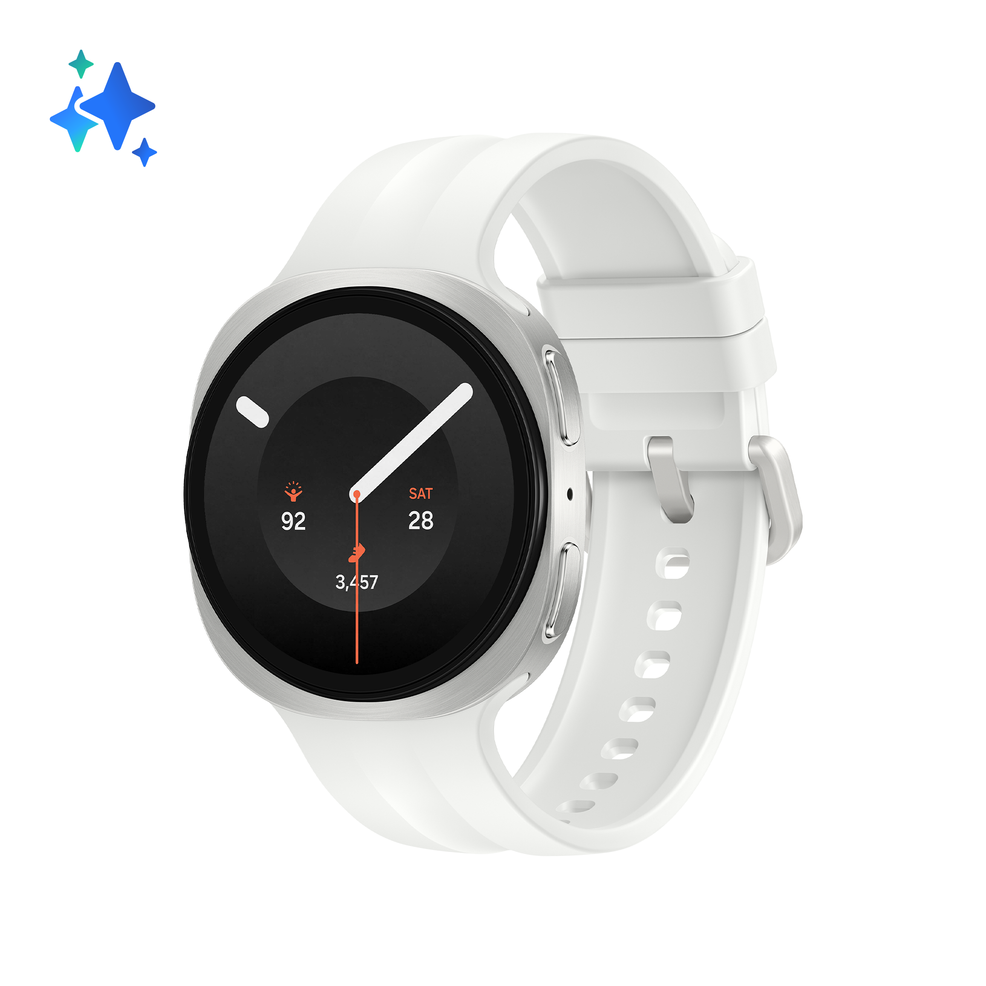 Eine weiße Smartwatch mit silbernem Gehäuse auf schwarzem Hintergrund.