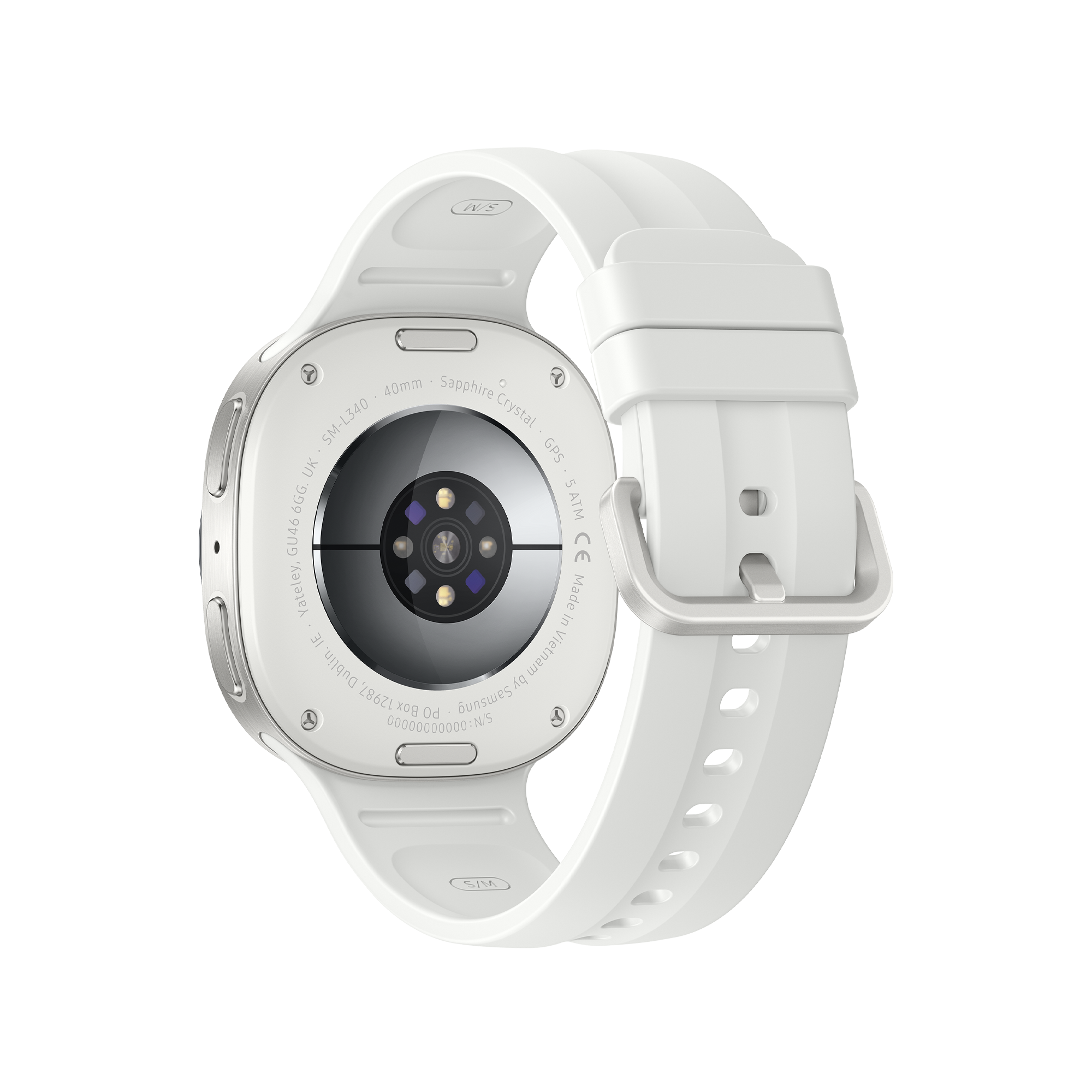 Die Rückseite einer weißen Smartwatch mit Metalleinfassung und Herzfrequenzsensor.