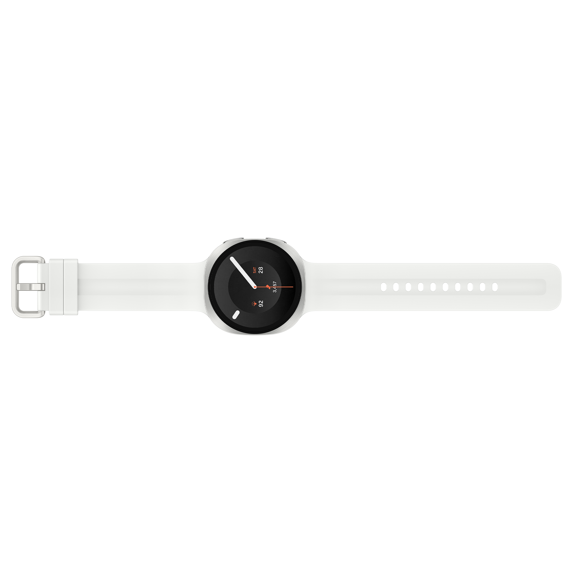 Weiße Smartwatch mit rundem Display und silberner Schnalle.