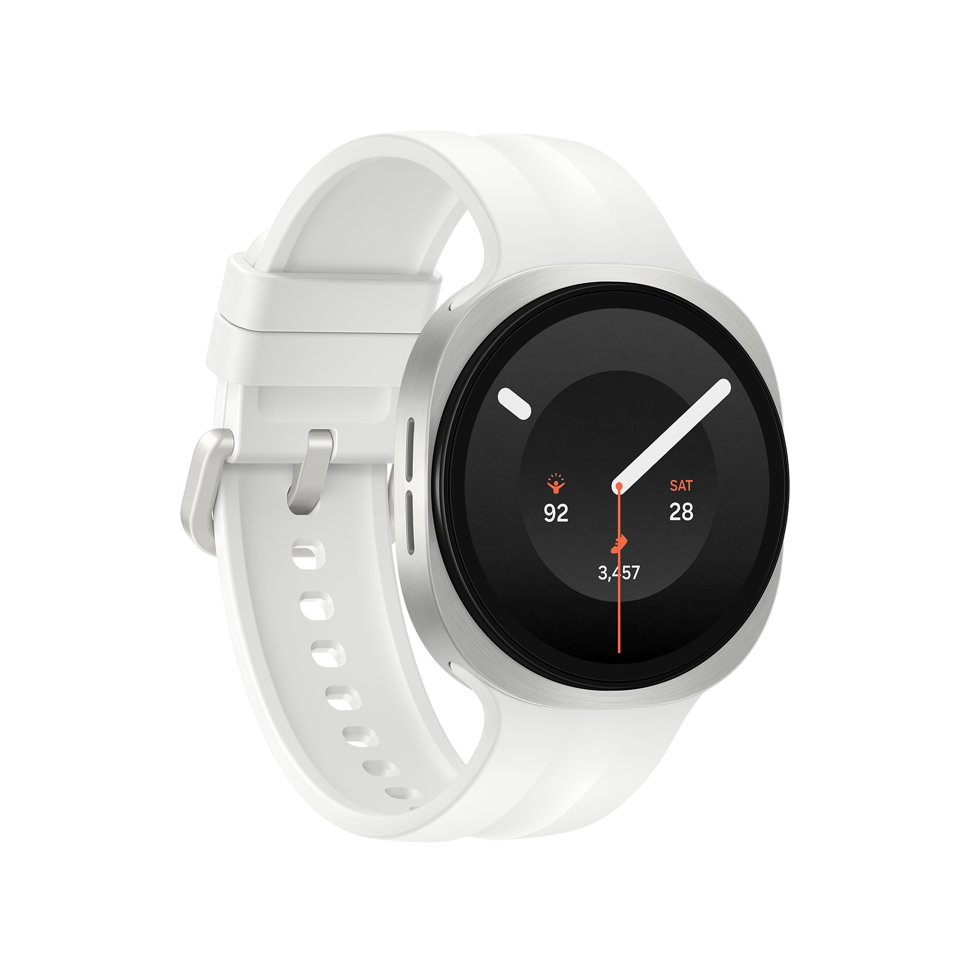 Weiße Smartwatch mit silbernem Gehäuse und schwarzem Zifferblatt, das Datum und Schritte anzeigt.