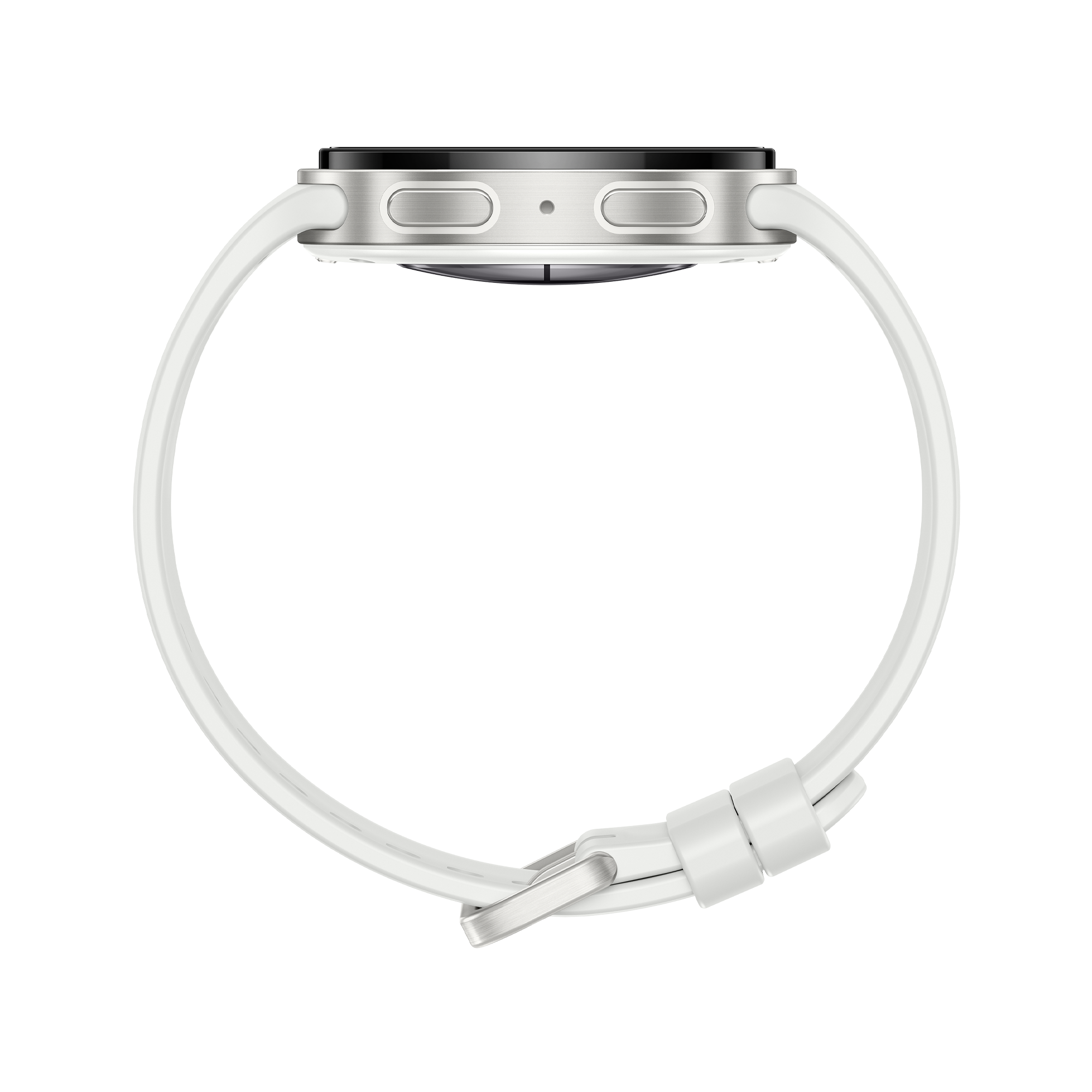 Eine silberne Smartwatch mit weißem Armband, von der Seite gesehen.