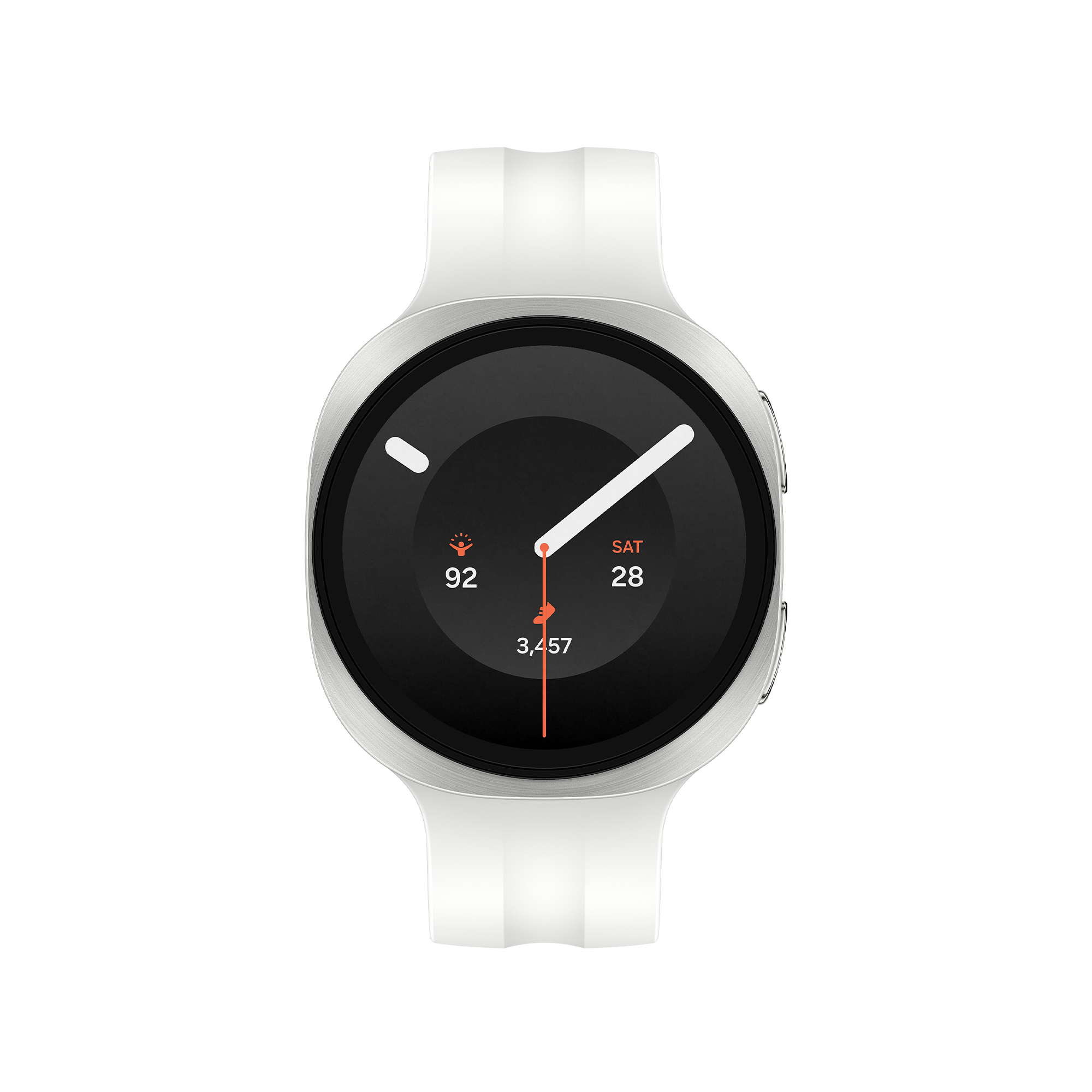Eine weiße Smartwatch mit silbernem Gehäuse und schwarzem Display.