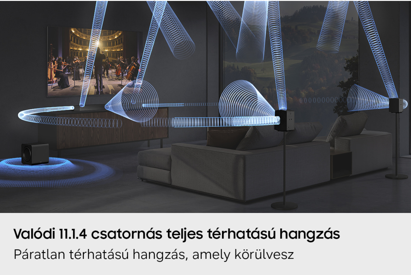Egy nappali TV-vel, kanapéval és hanghullámokat kibocsátó hangszórókkal.