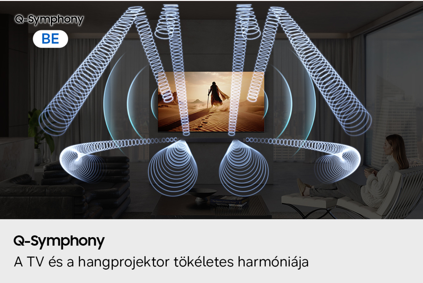 Q-Symphony: TV és hangprojektor tökéletes harmóniában, hanghullámok vizualizálva.