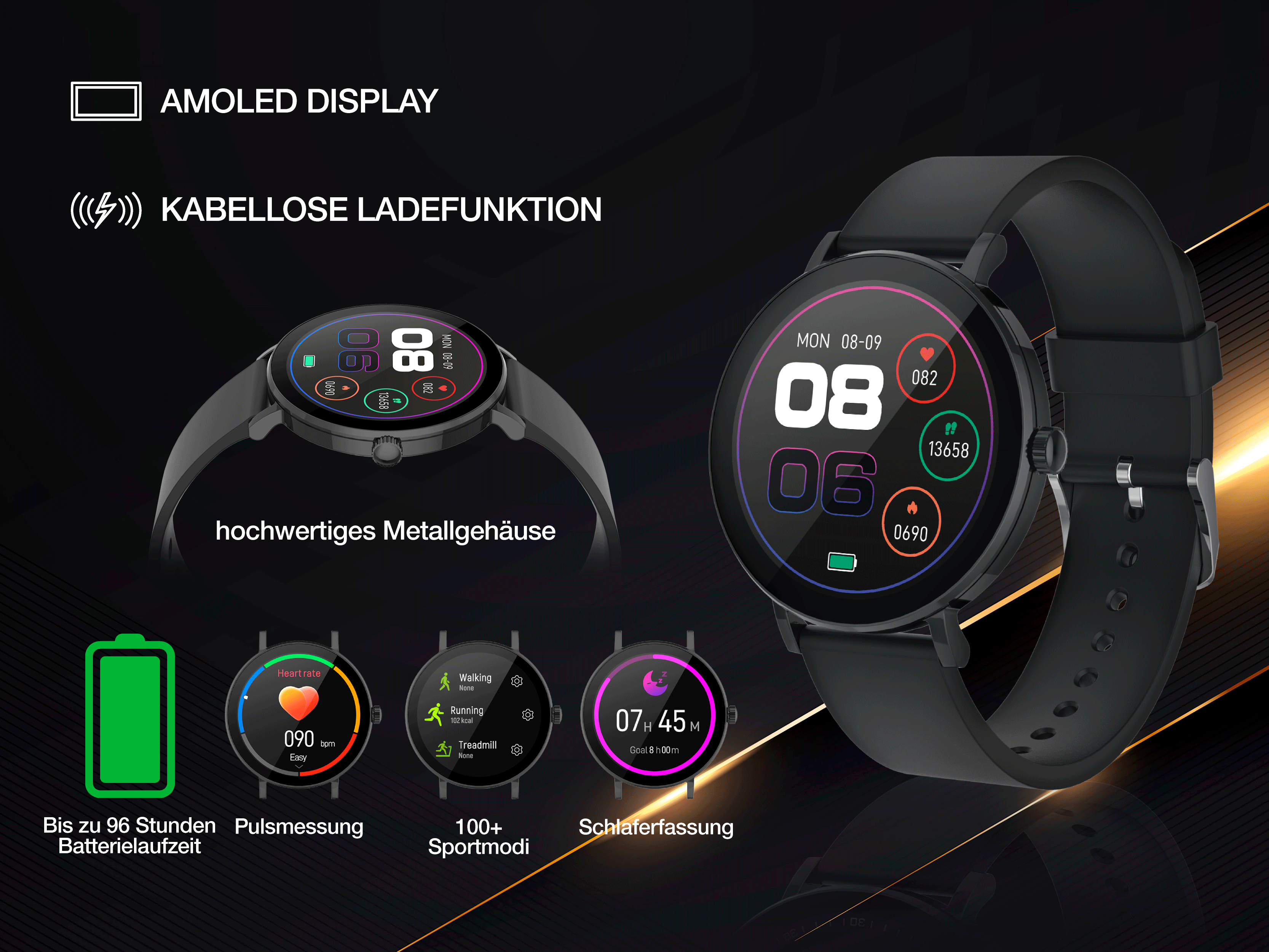 Smartwatch mit AMOLED-Display, Metallgehäuse, Herzfrequenz- und Schlafaufzeichnung.