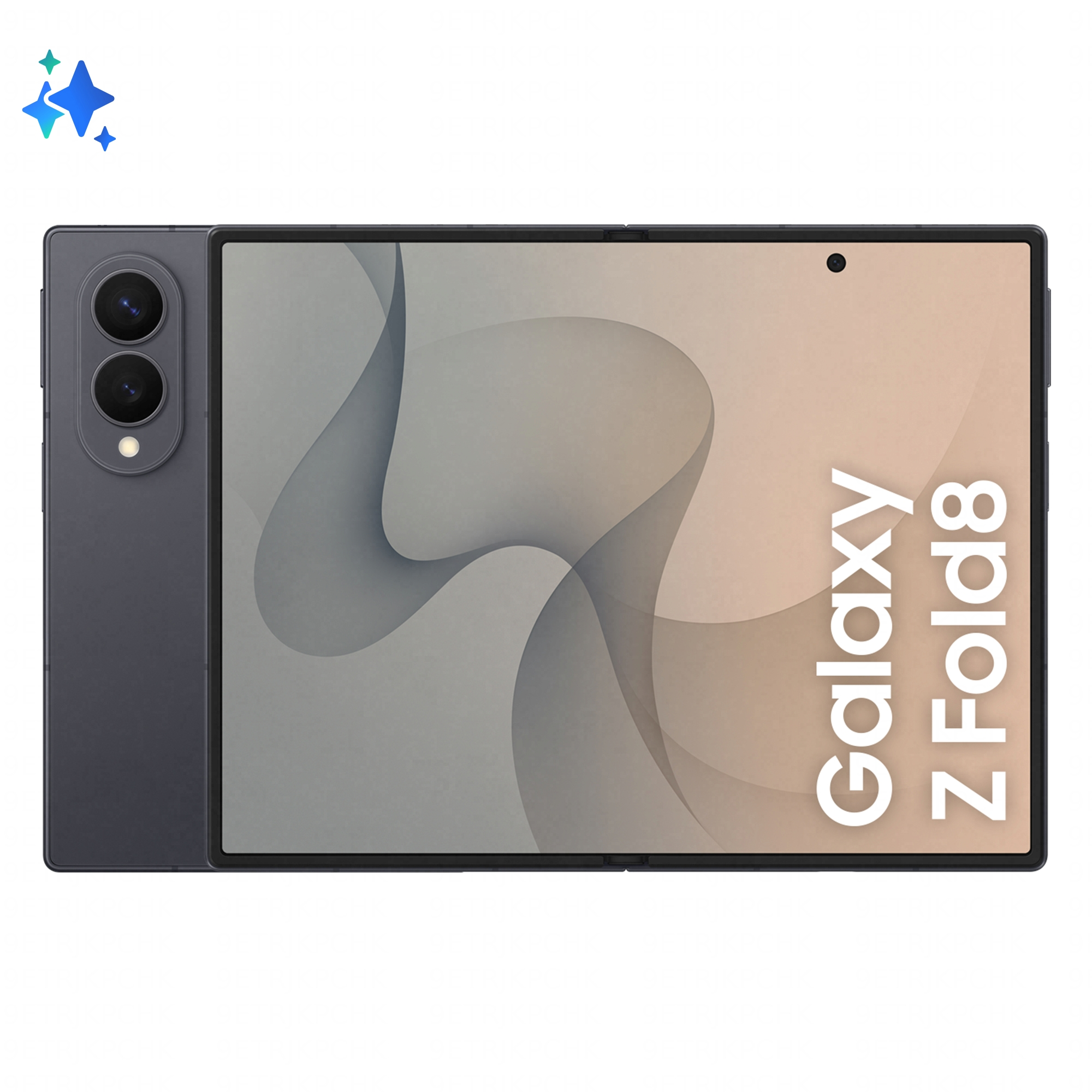 Dunkelgraues faltbares Smartphone mit zwei Kameras auf der Rückseite und hellem Display.