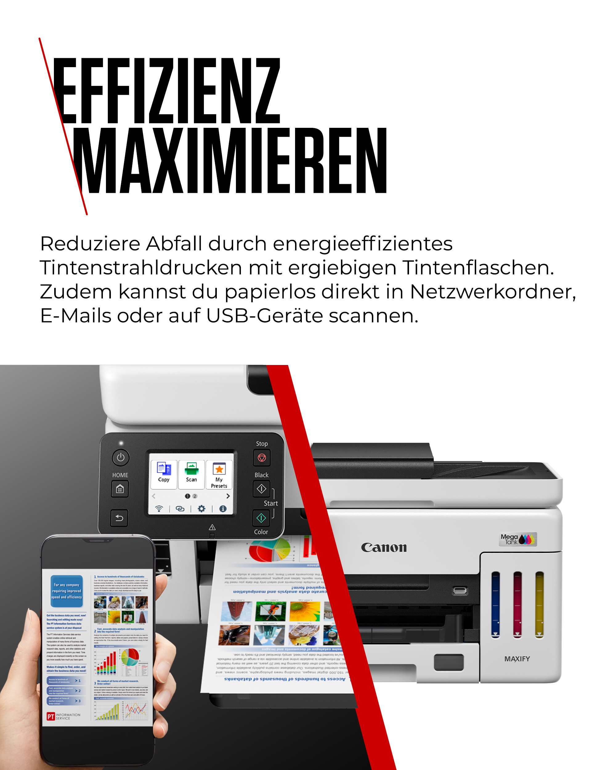 Ein Canon Maxify Drucker mit Mega Tank. Daneben ein Smartphone mit Berichten.
