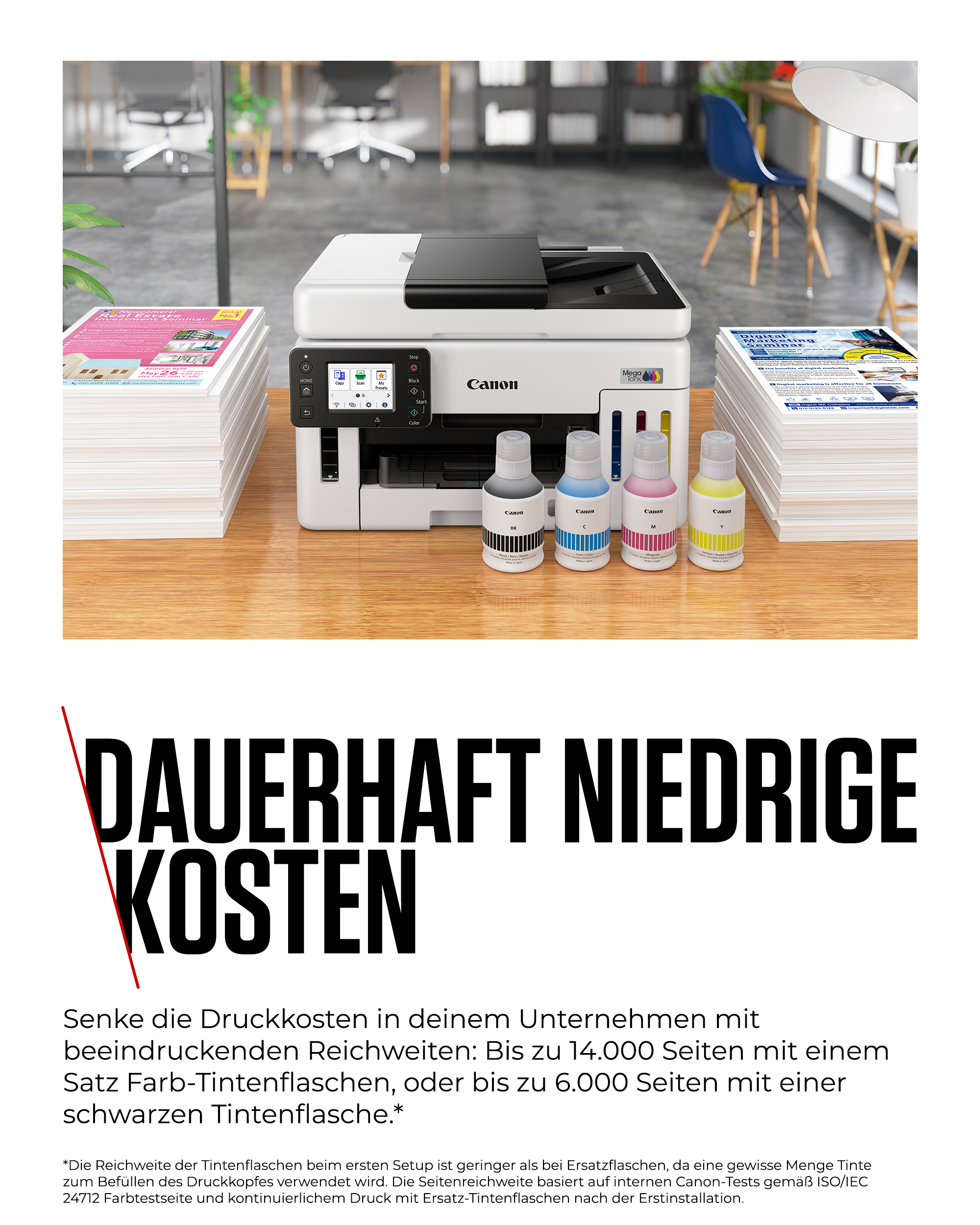 Canon Drucker mit Tintenflaschen und Stapel von bedrucktem Papier.