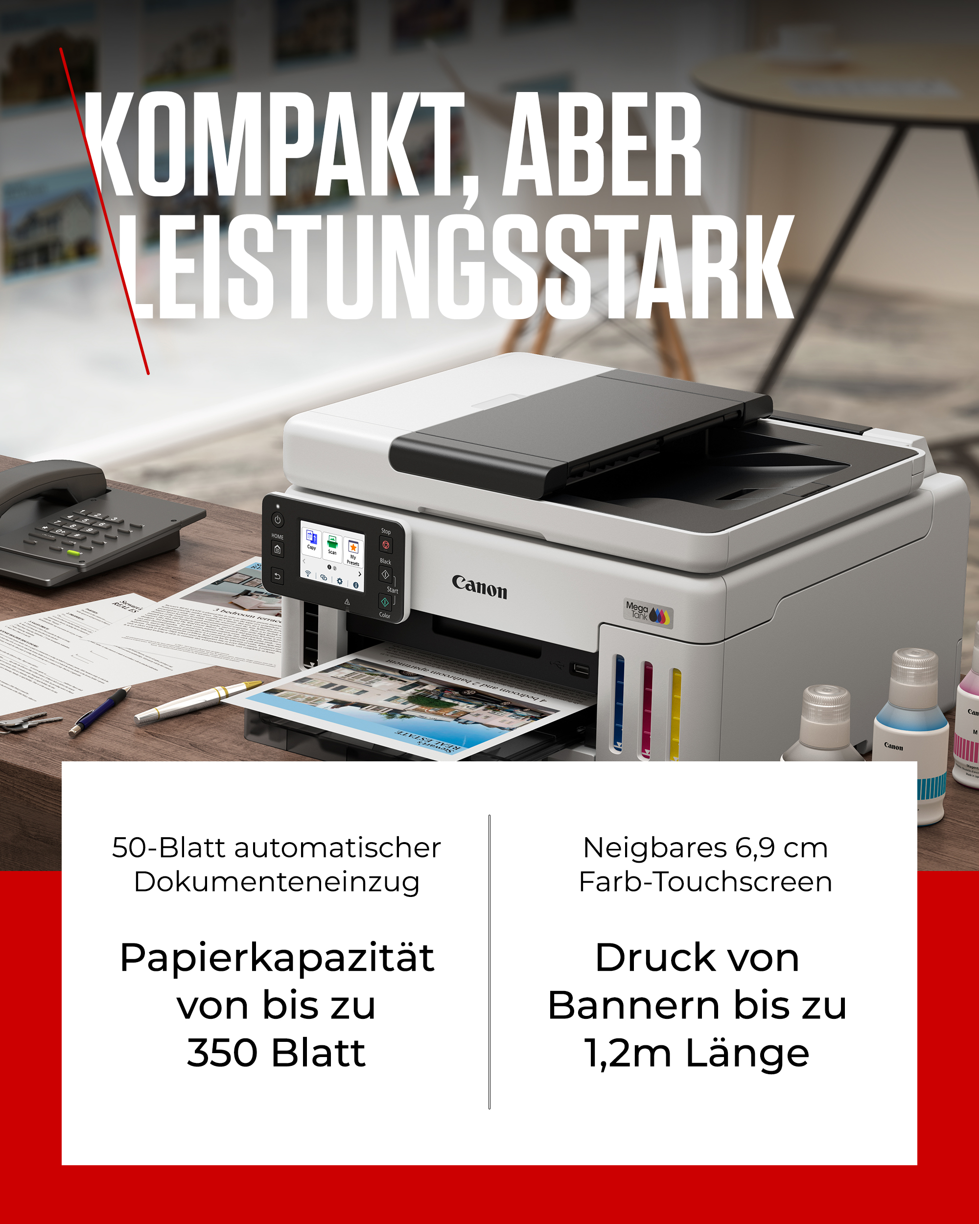 Canon Drucker mit Touchscreen, Dokumenteneinzug, großer Papierkapazität und Bannerdruck.