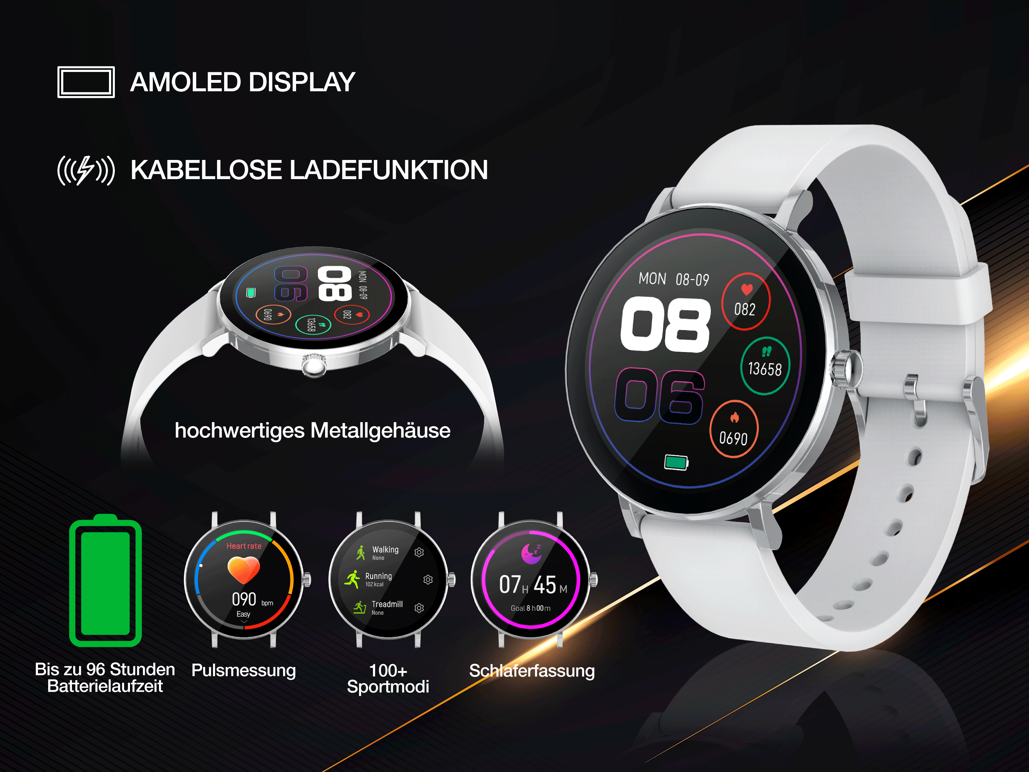 Eine weiße Smartwatch mit AMOLED-Display, die Herzfrequenz und Sportmodi anzeigt.