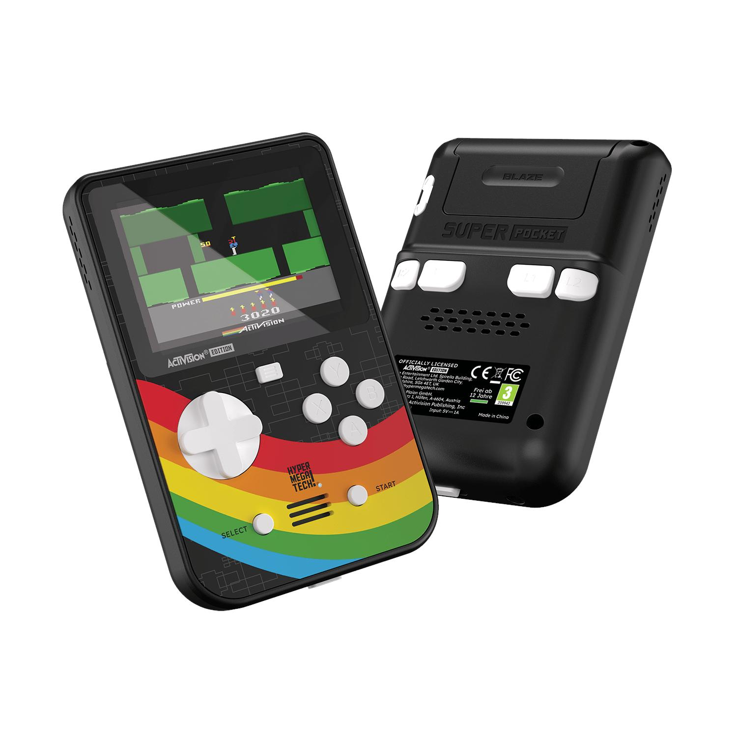 Ein schwarzes Retro-Handheld mit Regenbogenfarben und einem Spiel auf dem Bildschirm.