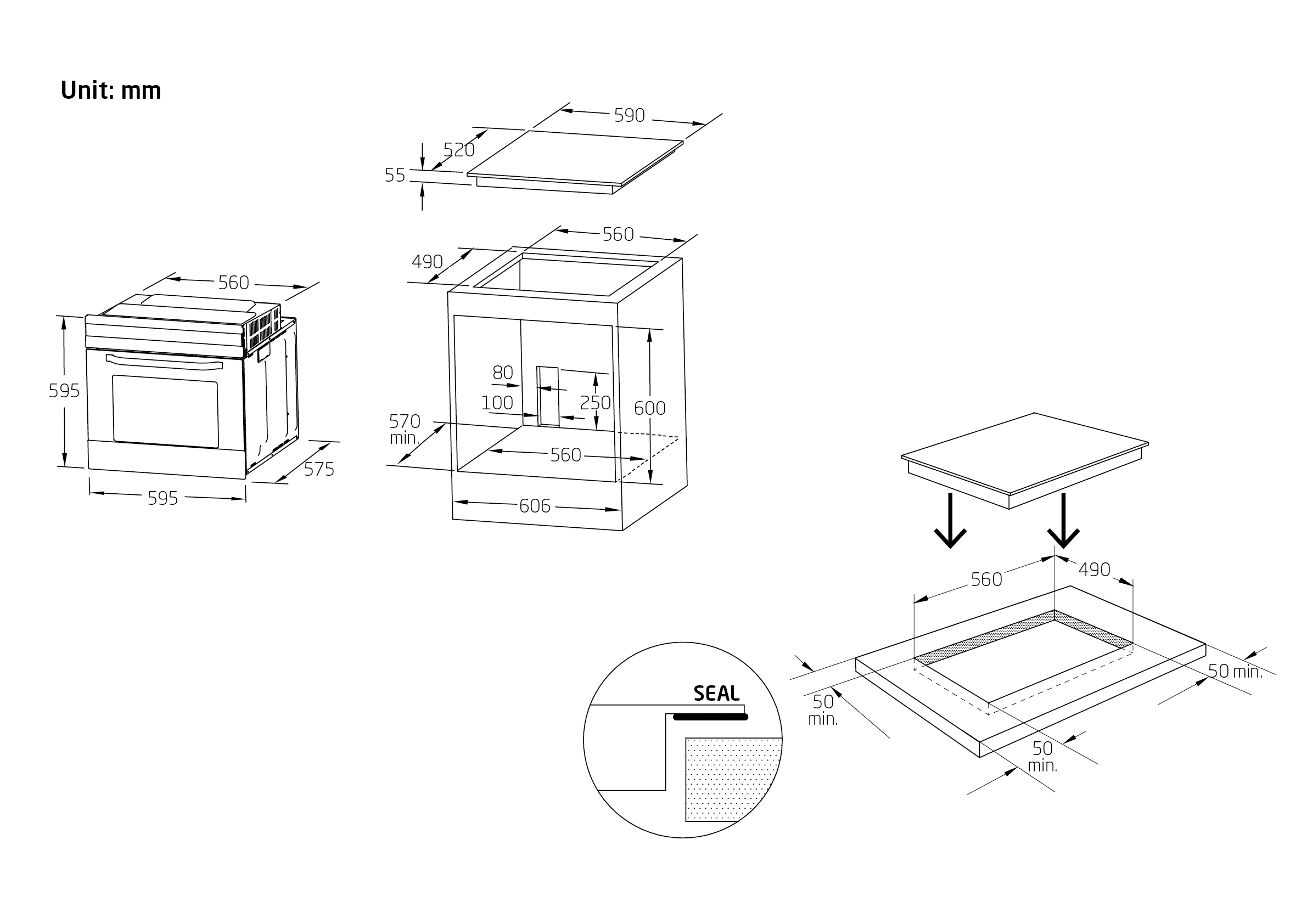 Diagramme zeigen Abmessungen für einen Ofen, Kochfeld und Schrank. Einheiten in mm.