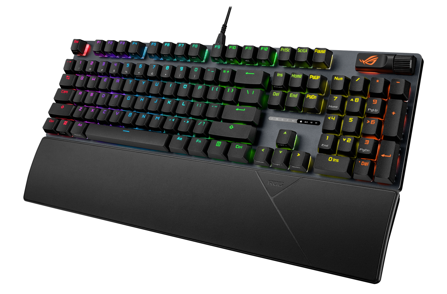 Fekete gamer billentyűzet RGB világítással és csuklótámasszal.