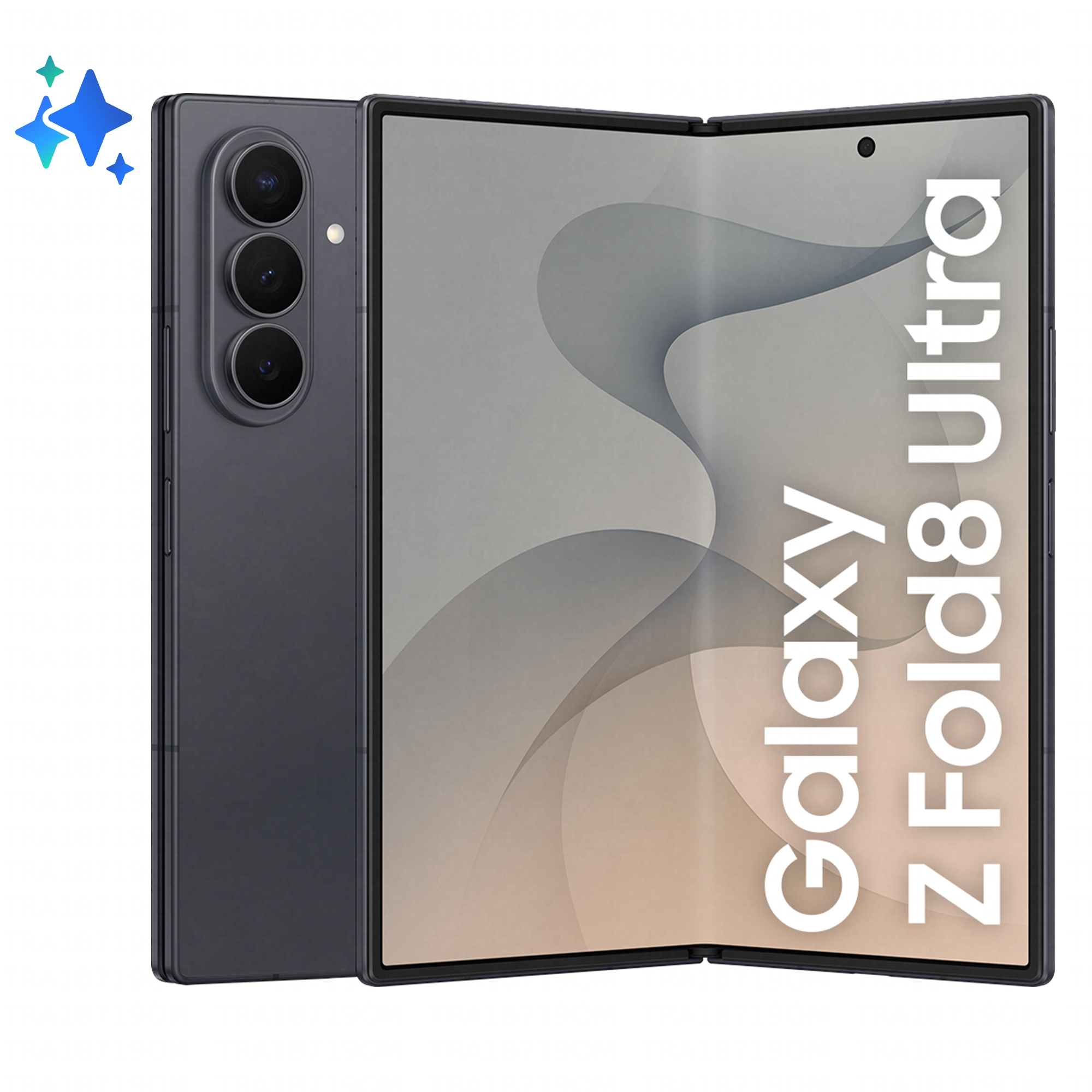 Ciemnoszary składany smartfon jest otwarty, z trzema aparatami z tyłu.