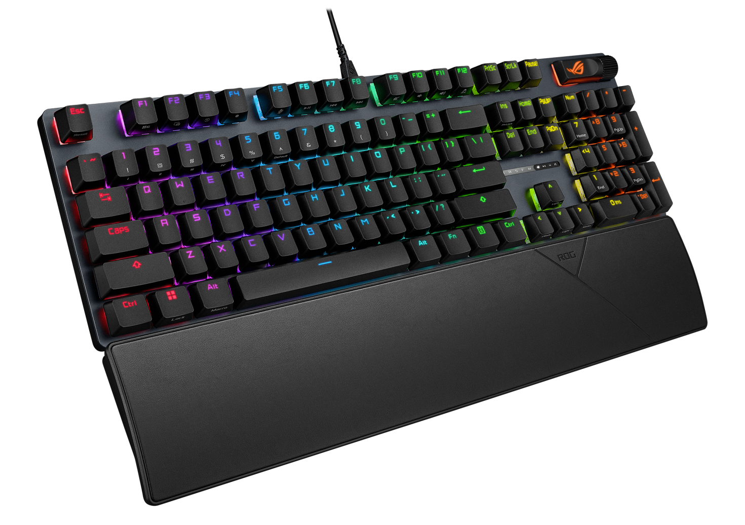 Egy fekete mechanikus billentyűzet RGB világítással és csuklótámasszal.