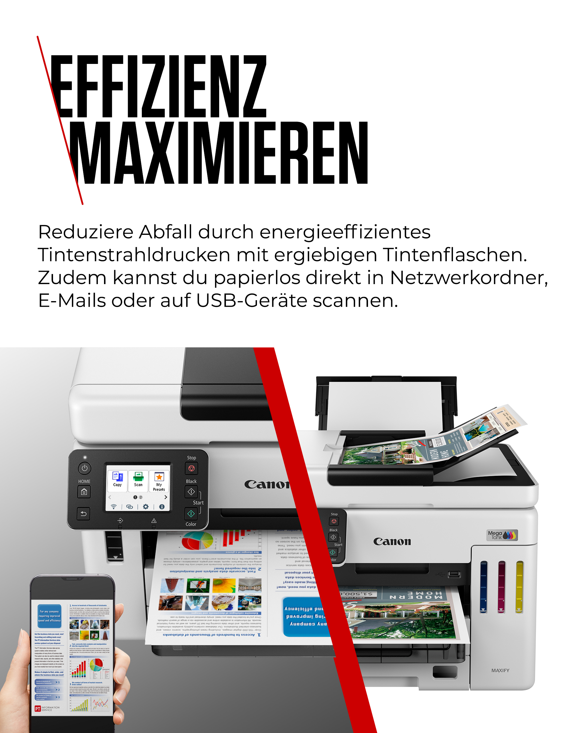 Ein Canon MAXIFY Drucker mit Mega Tank Technologie, bedient  über ein Touchscreen-Display.