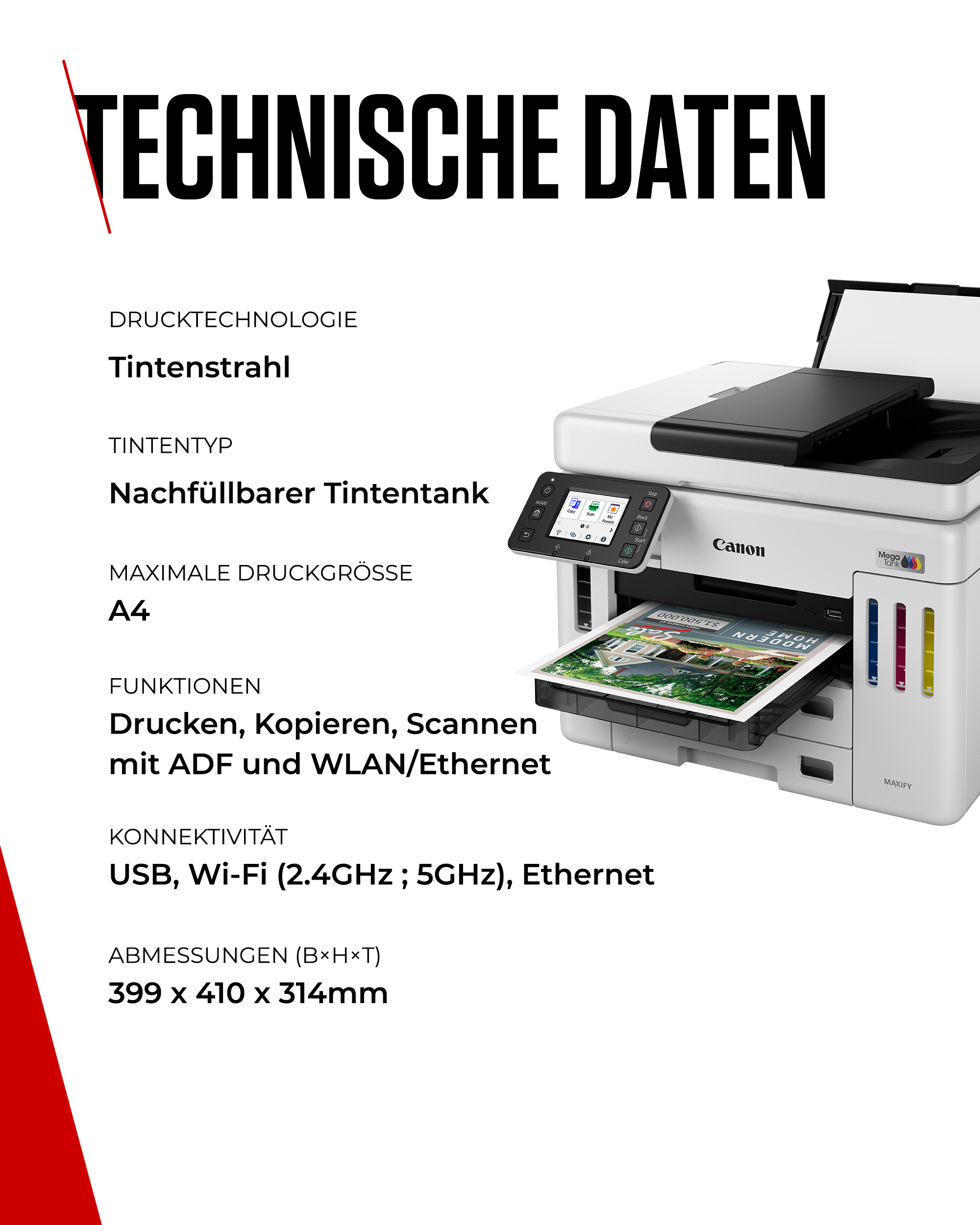 Ein weißer Canon Drucker mit Tintenbehältern und Bedienfeld, daneben technische Daten.