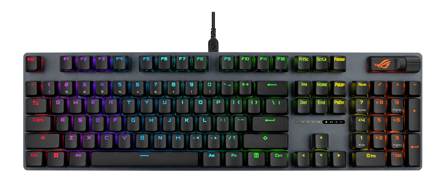 Sötét mechanikus billentyűzet RGB világítással és ROG logóval.
