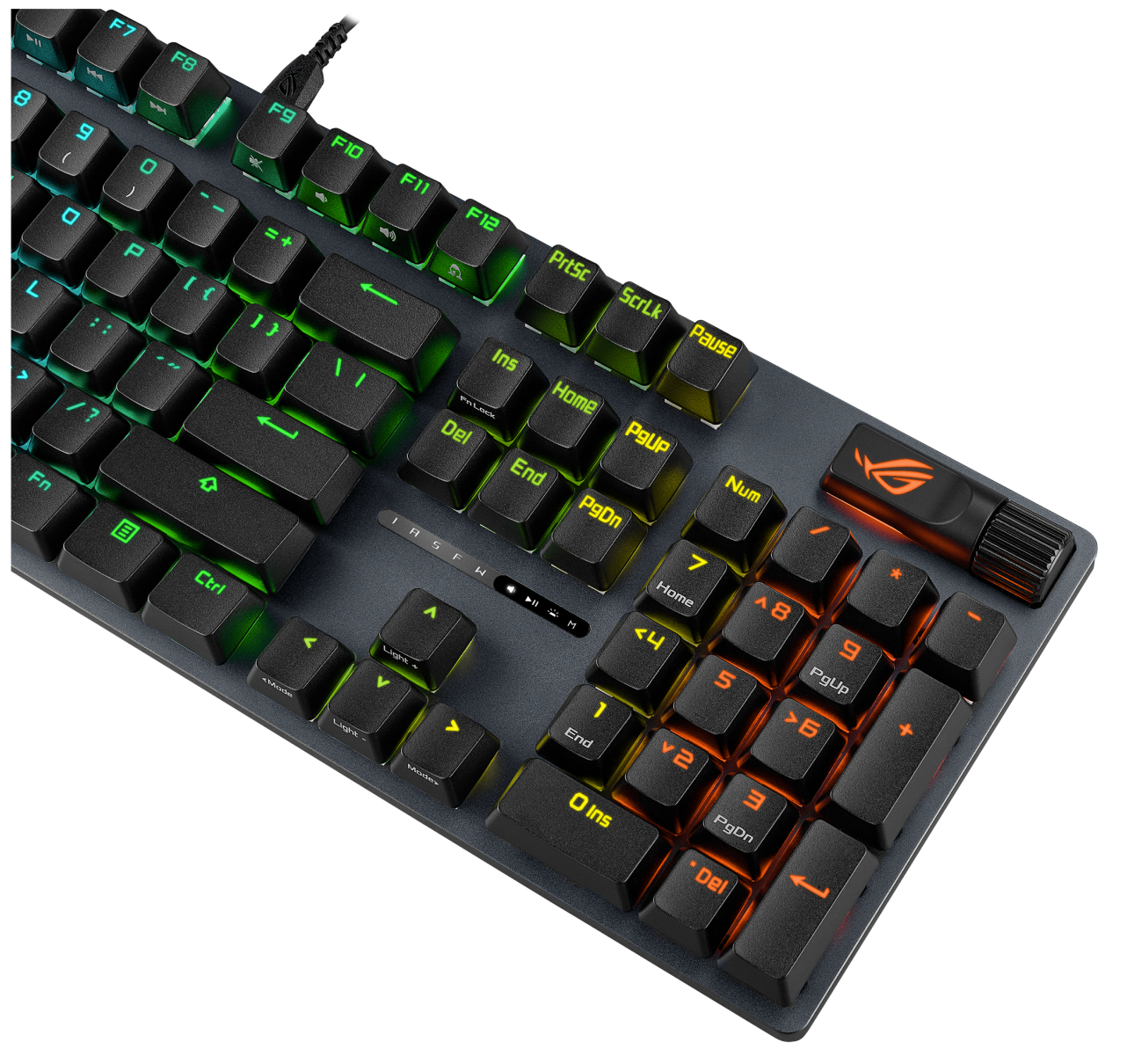 Egy gamer billentyűzet közeli képe zöld és narancssárga háttérvilágítású gombokkal.