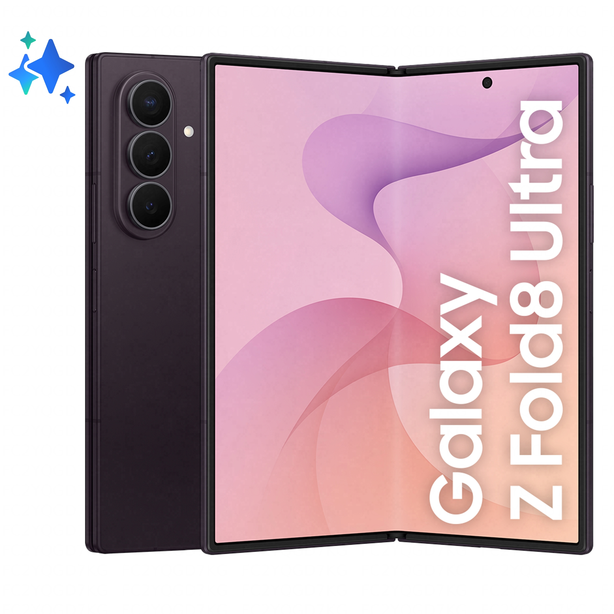 Ein violettes faltbares Smartphone mit drei Kameras und dem Text „Galaxy Z Fold8 Ultra“.