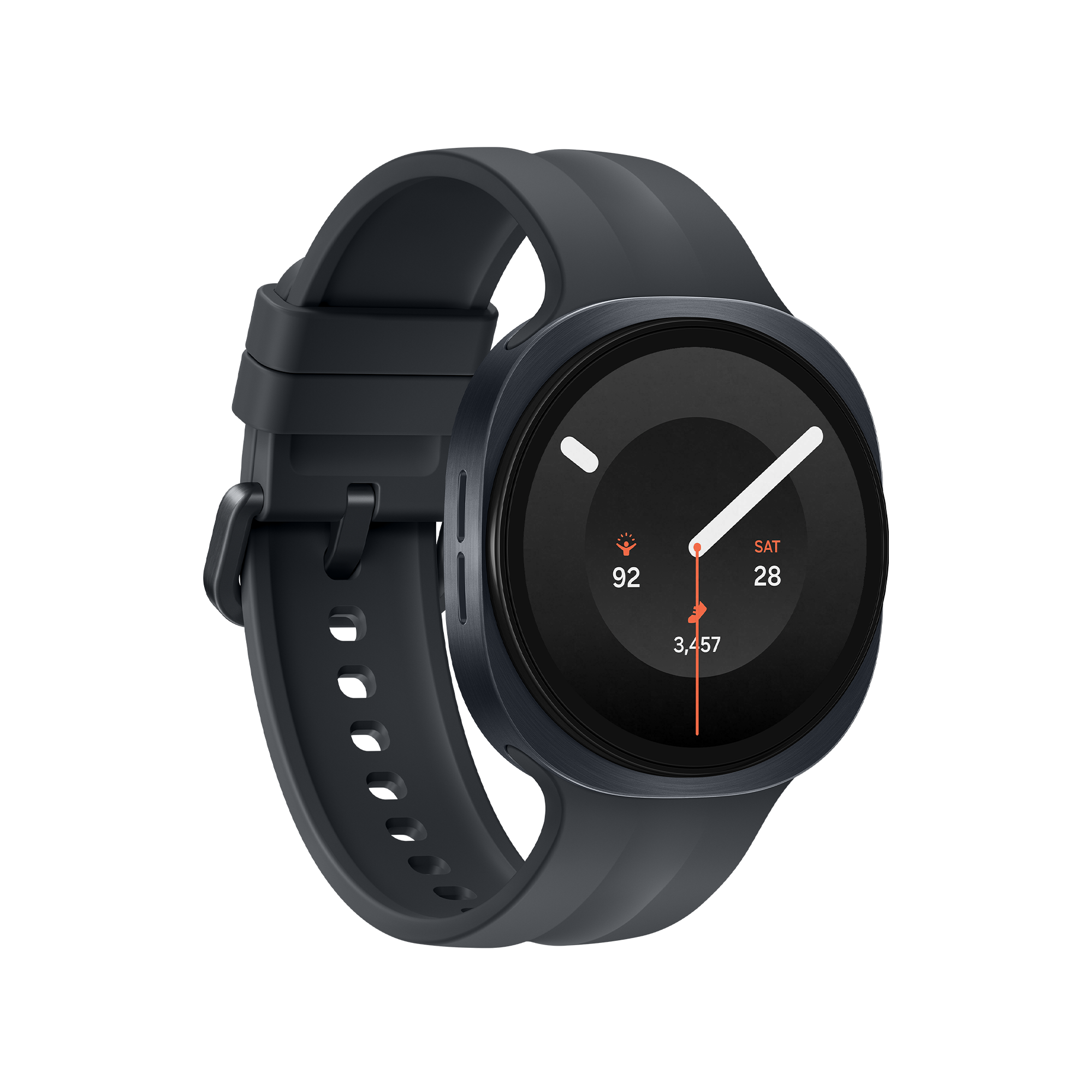 Dunkelgraue Smartwatch mit rundem Zifferblatt, zeigt Datum und Schritte an.