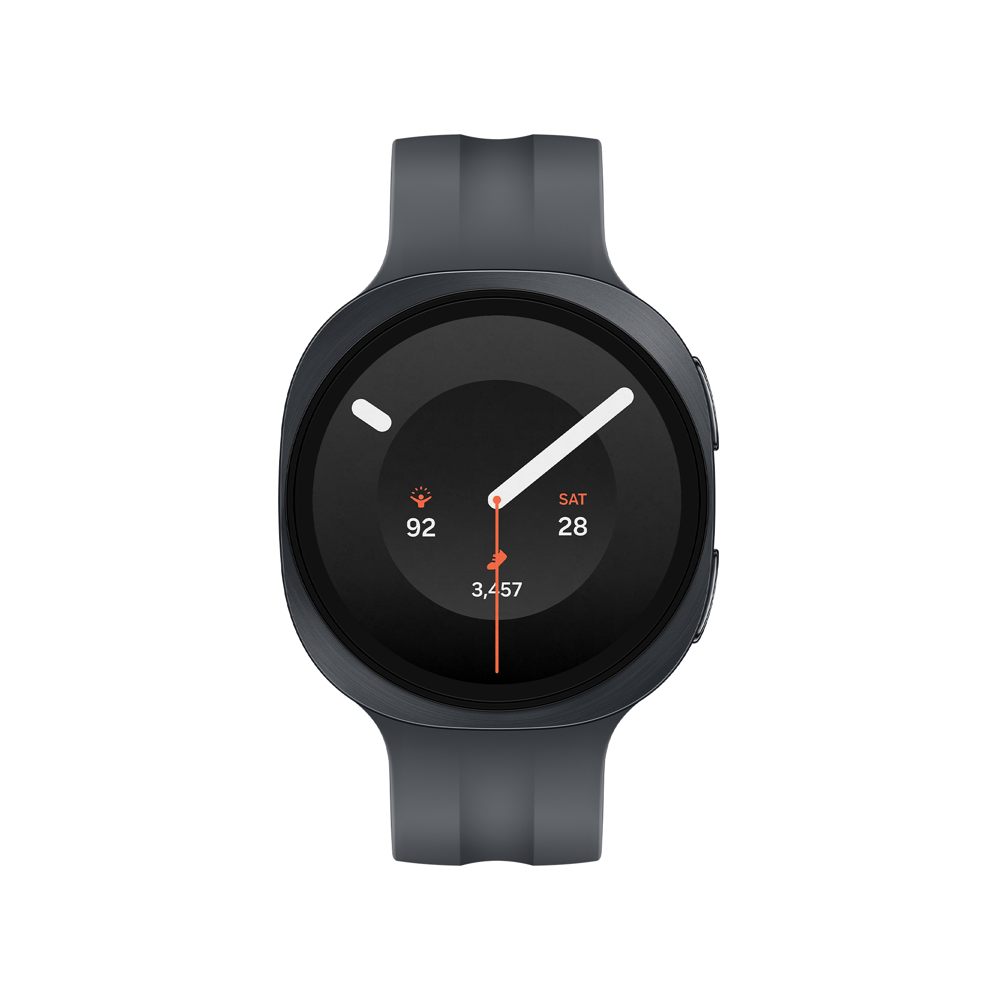 Eine dunkle Smartwatch mit Zifferblatt, das Schritte und Datum anzeigt.