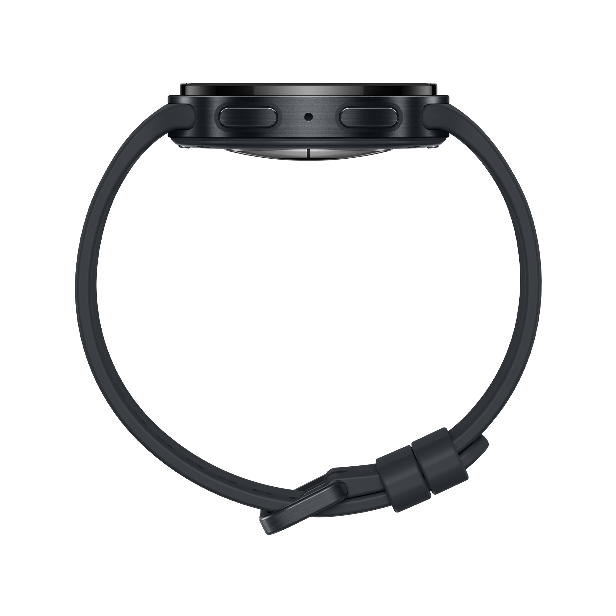 Schwarze Smartwatch mit dunklem Armband und Schnalle, Seitenansicht.