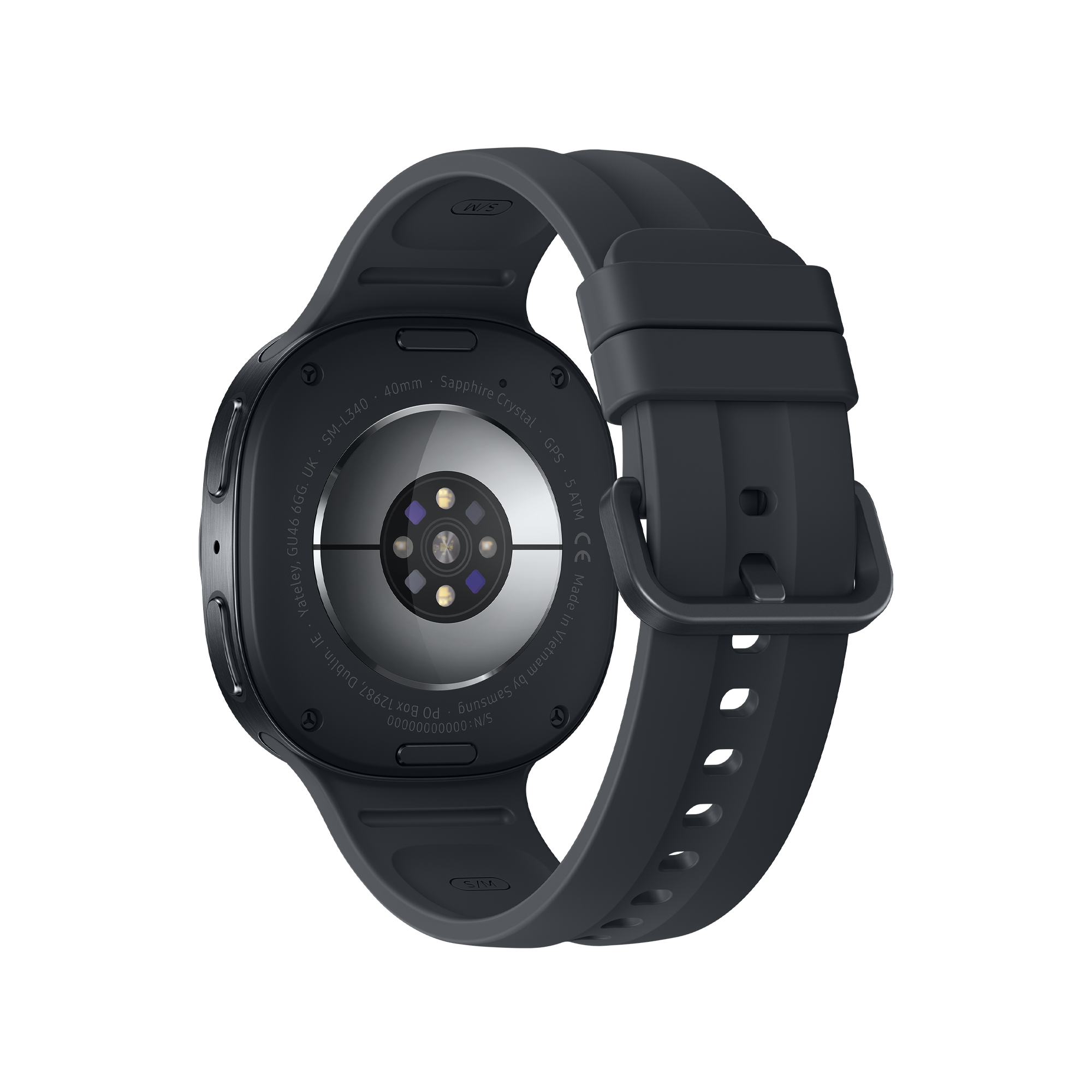 Rückseite einer dunklen Smartwatch mit Herzfrequenzsensor und Silikonarmband.