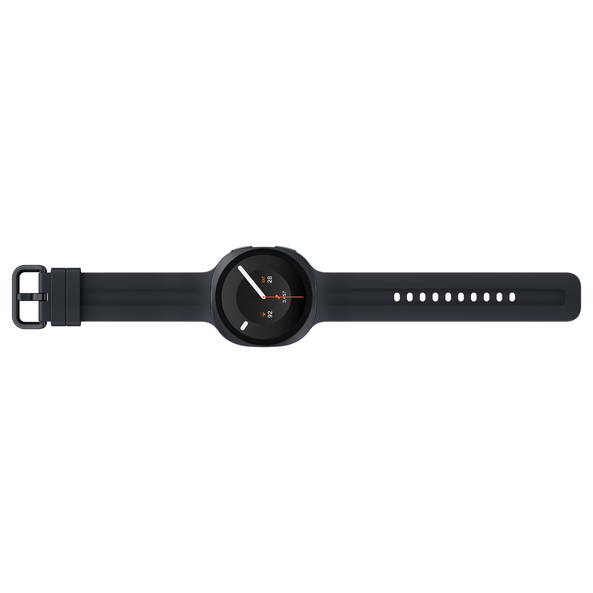 Eine schwarze Smartwatch mit rundem Zifferblatt und schwarzem Armband.