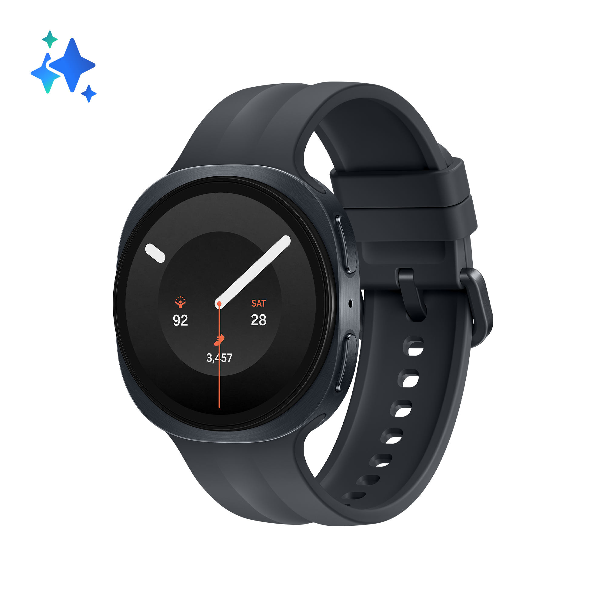 Dunkelgraue Smartwatch mit Vollbildanzeige, die Datum und Fitnessdaten anzeigt.