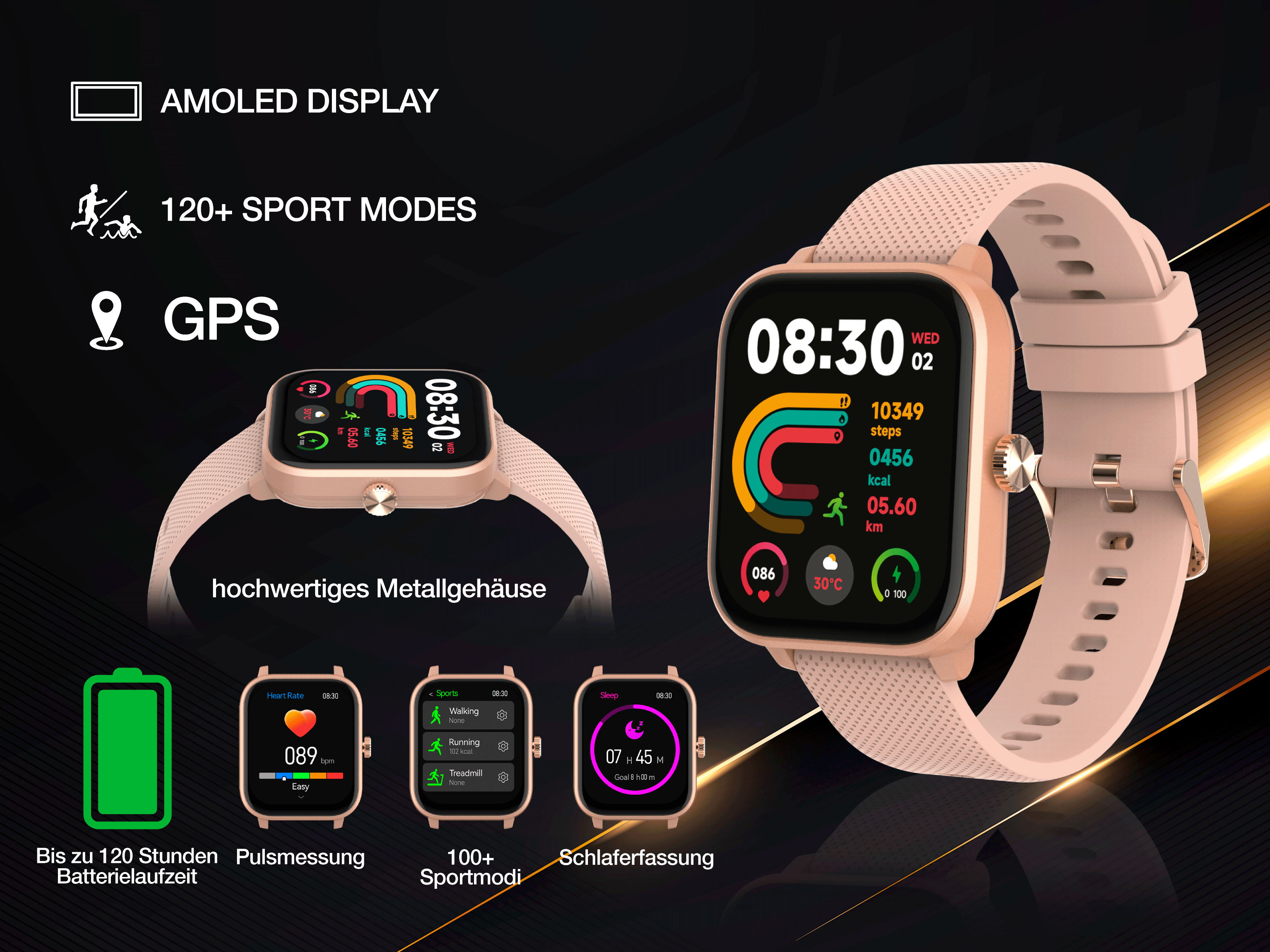 Eine Smartwatch mit AMOLED-Display, 120+ Sportmodi, GPS und Metallgehäuse.