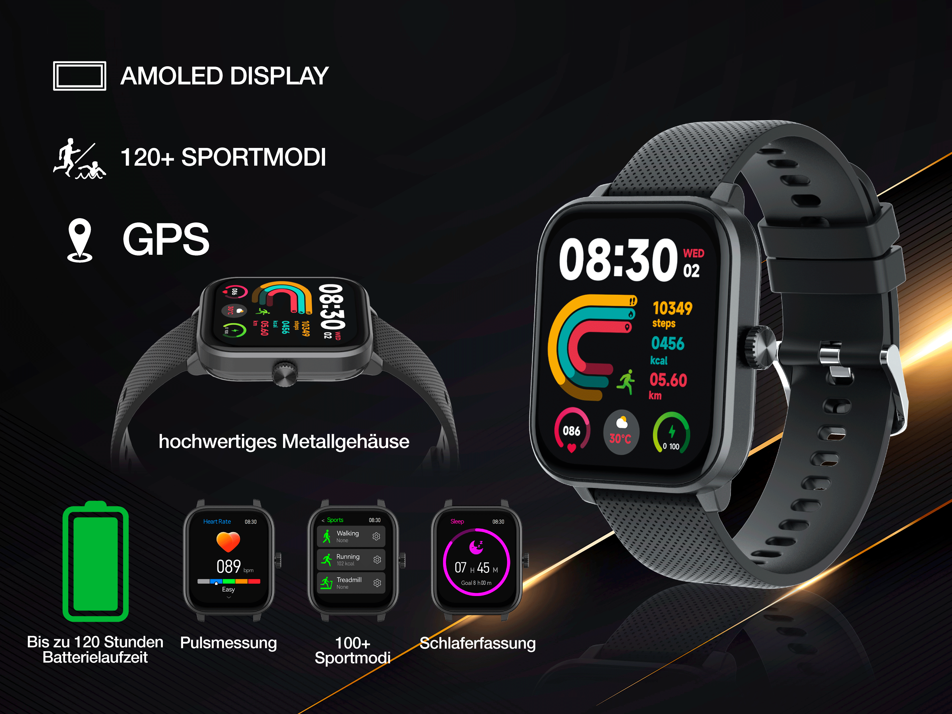 AMOLED Display Smartwatch mit GPS, 120+ Sportmodi, Metallgehäuse.