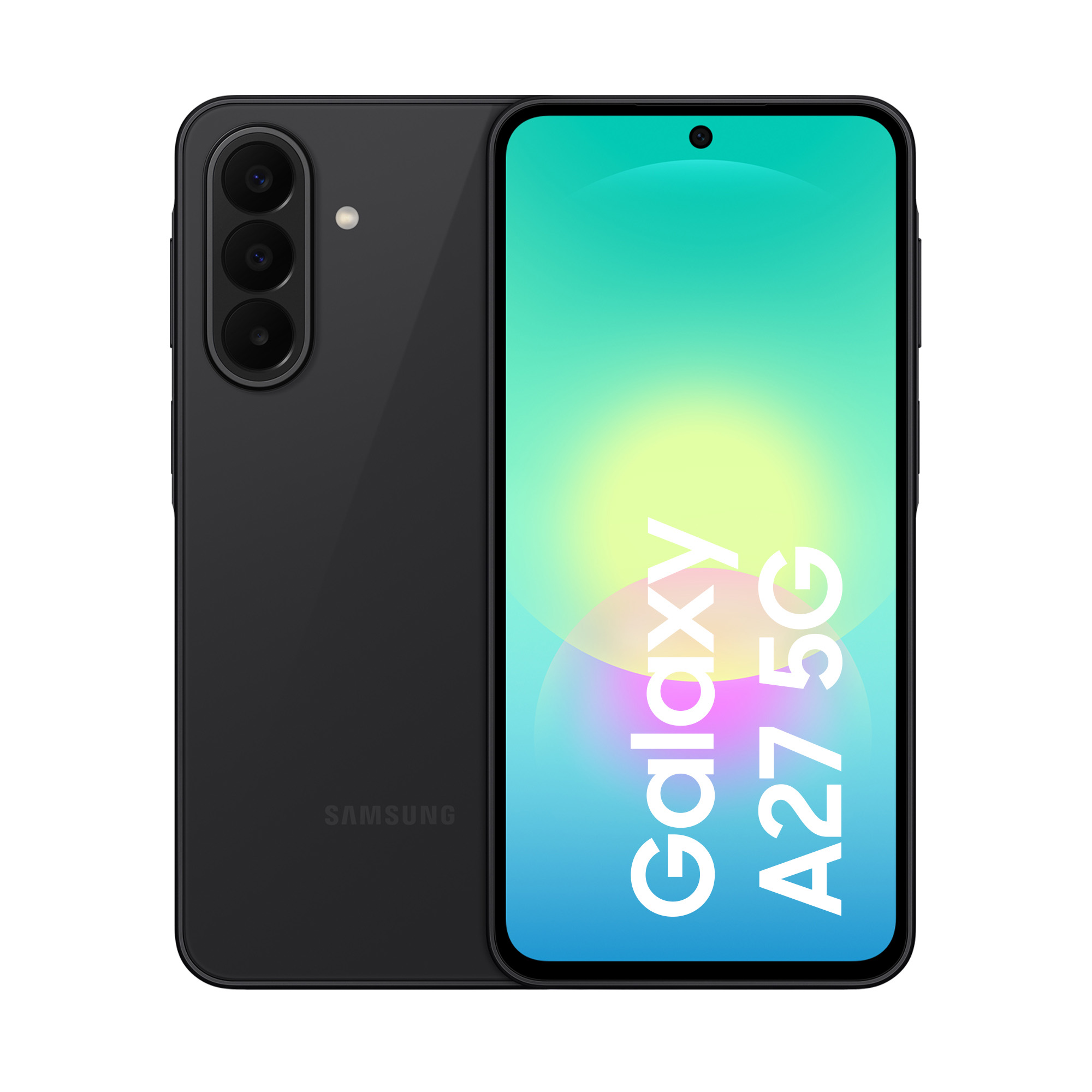 Schwarzes Samsung Galaxy A27 5G Smartphone mit dreifacher Kamera und leuchtendem Bildschirm.