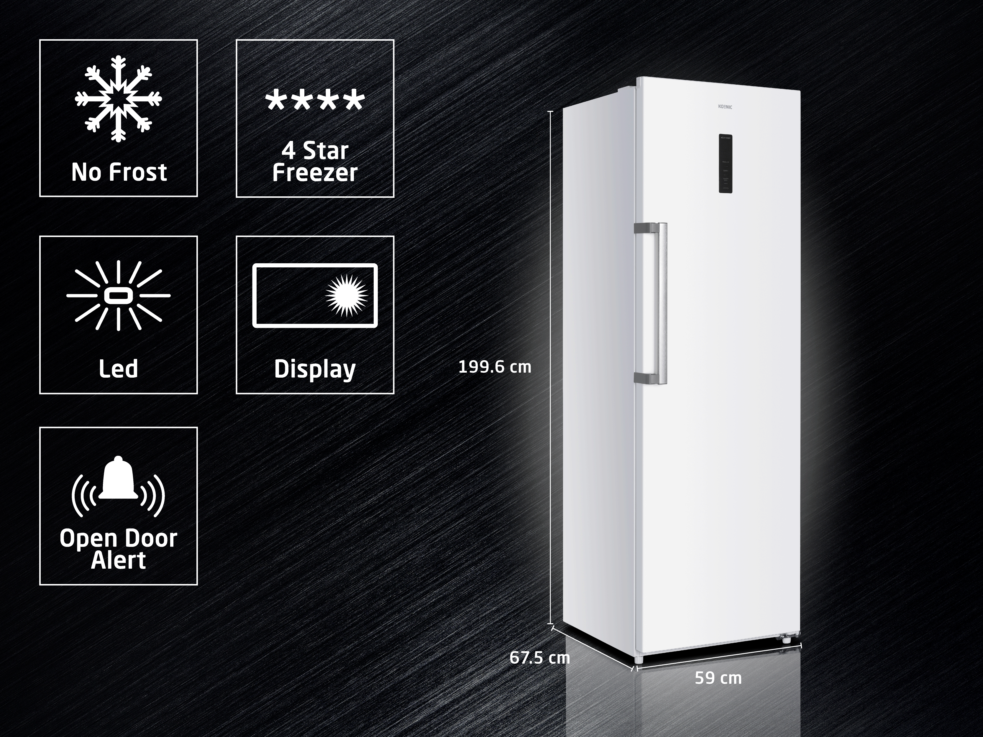 Weißer aufrechter Gefrierschrank mit Funktionen: No Frost, 4 Sterne, LED, Display, Türwarnung. Maße 199,6x67,5x59 cm.