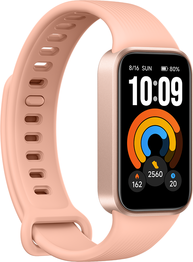 Egy rózsaszín okosóra digitális kijelzővel. Időt, dátumot és fitneszadatokat mutat.