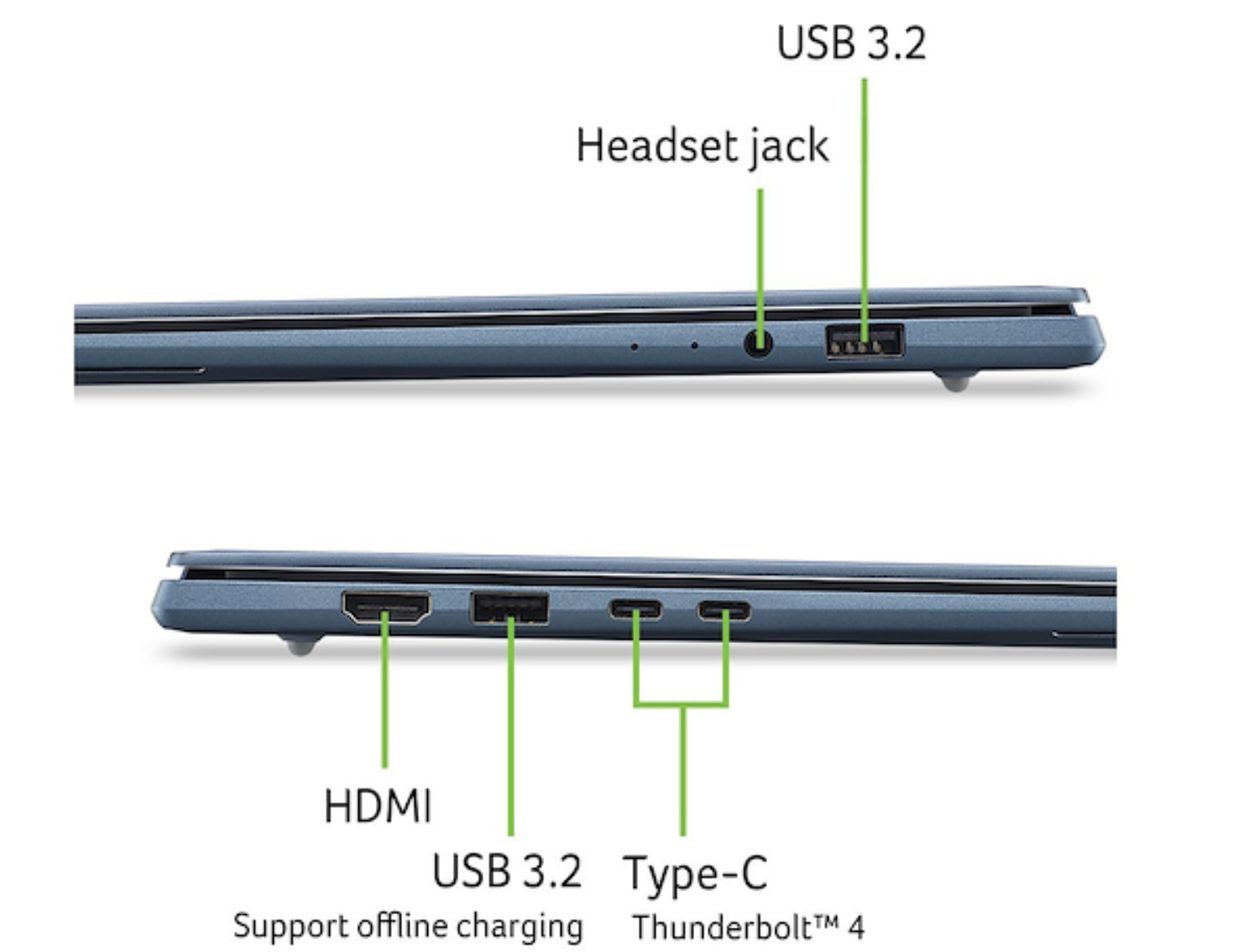 Puertos del portátil: toma de auriculares, USB 3.2, HDMI, USB 3.2, Tipo-C, Thunderbolt 4.