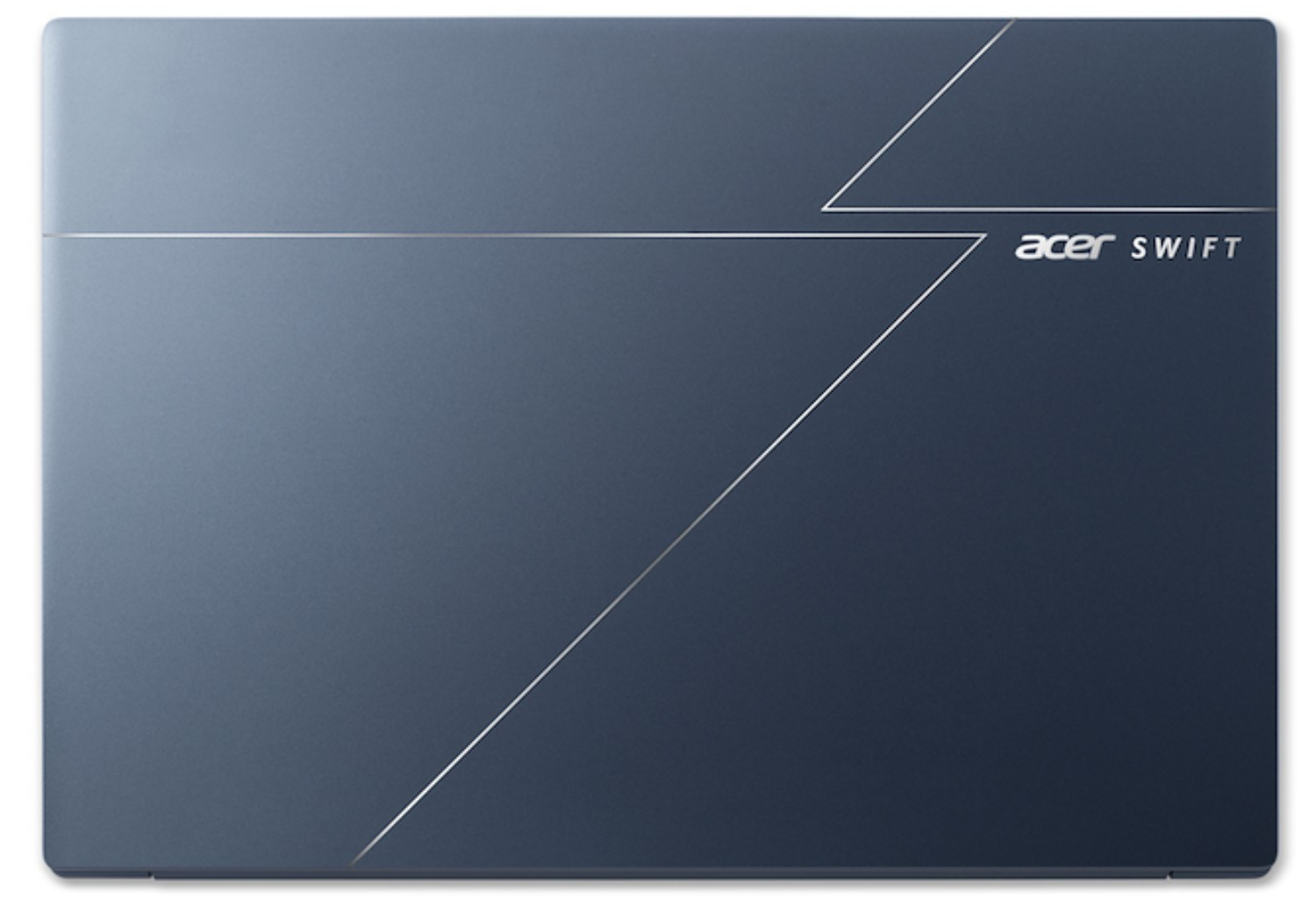 Un portátil azul oscuro cerrado con líneas plateadas y el logo Acer Swift.