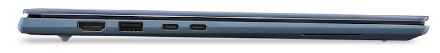 Vista lateral de un portátil azul que muestra puertos HDMI, USB-A y dos USB-C.
